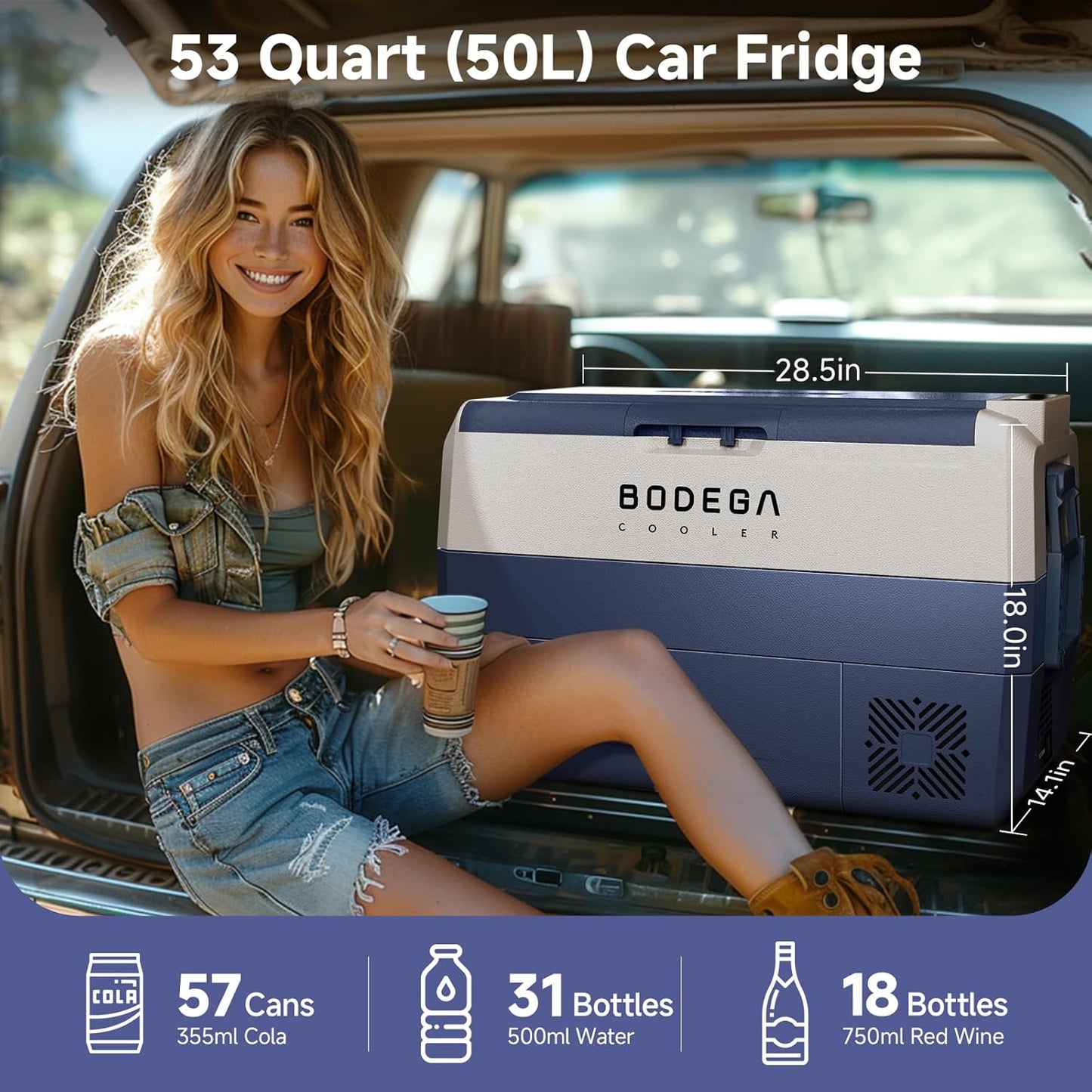 BODEGACOOLER 12 Volt Car Refrigerator,53 Quart Portable Car Freezer Fridge Bluetooth Control,(50L) -4℉-68℉ Electric Cooler 12/24V DC and 100-240V AC for Travel,Camping,RV,Boat Road Trip Tailgating