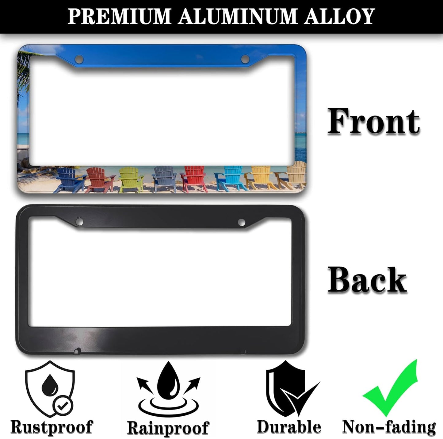 License Plate Frames License Plate Frame Beach Loungers Colorful Chairs in Tropical Summer Palm Tree Aluminum Metal Car Accessory 2 Pack with Screw Covers Set