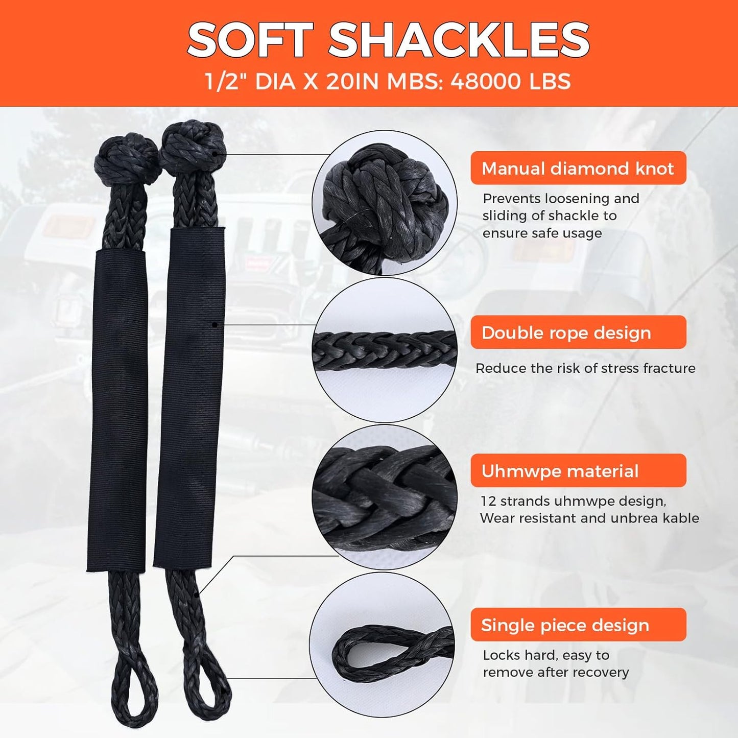 Kinetic Recovery Tow Rope, 48000LBS Snatch Strap (1" x 30ft) with Soft Shackles, Extreme Duty 30% Elasticity Energy Offroad Towing Straps Kit for Car Jeep Trucks SUV UTV ATV Tractor - Black