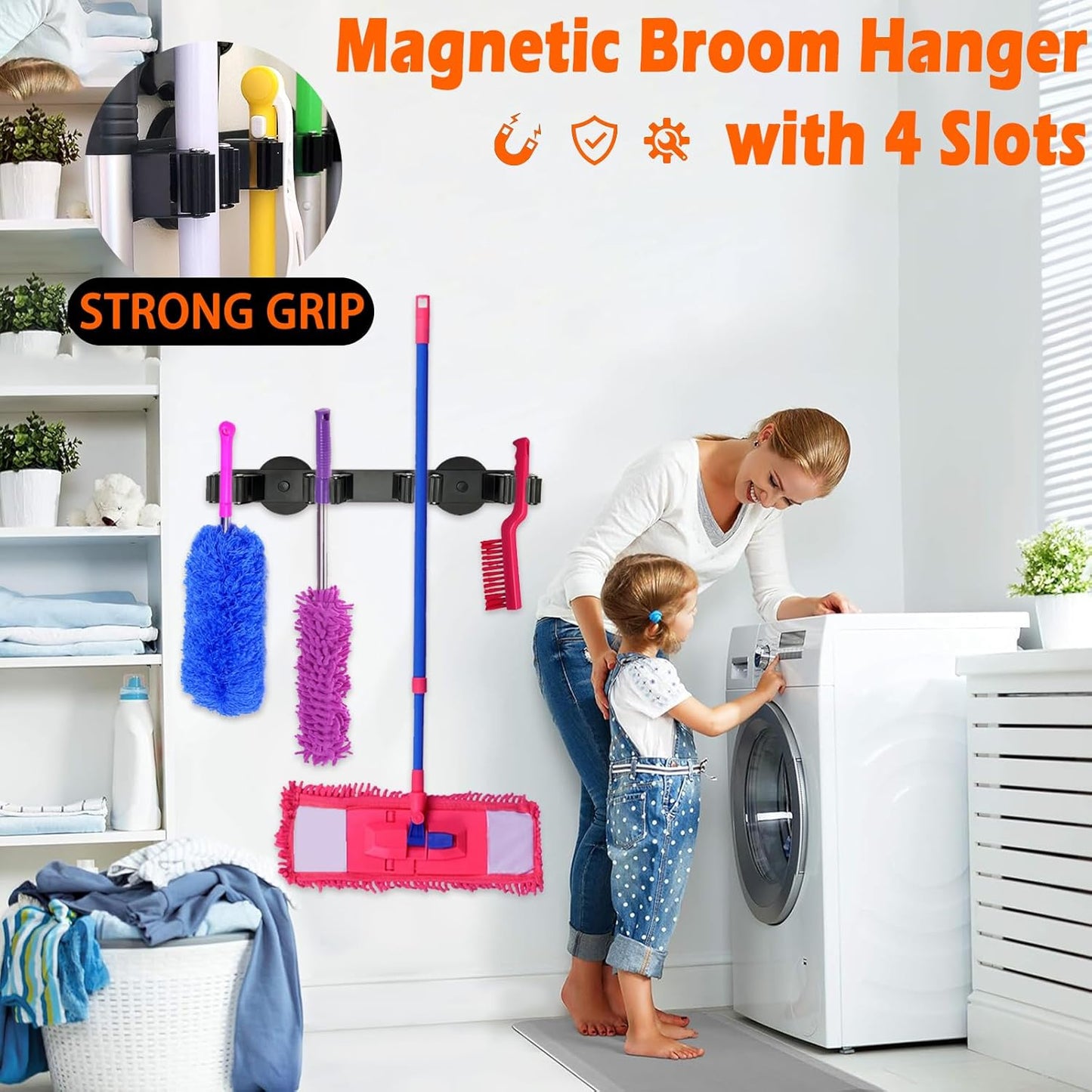 Heavy Duty Magnetic Broom Holder, Strong Magnetic Mop Hanger for Refrigerators, Powerful Magnet Wall Mount Broom Rack, Anti-slip Mop Storage Utility Rack for Kitchen, Home, Laundry, Garage