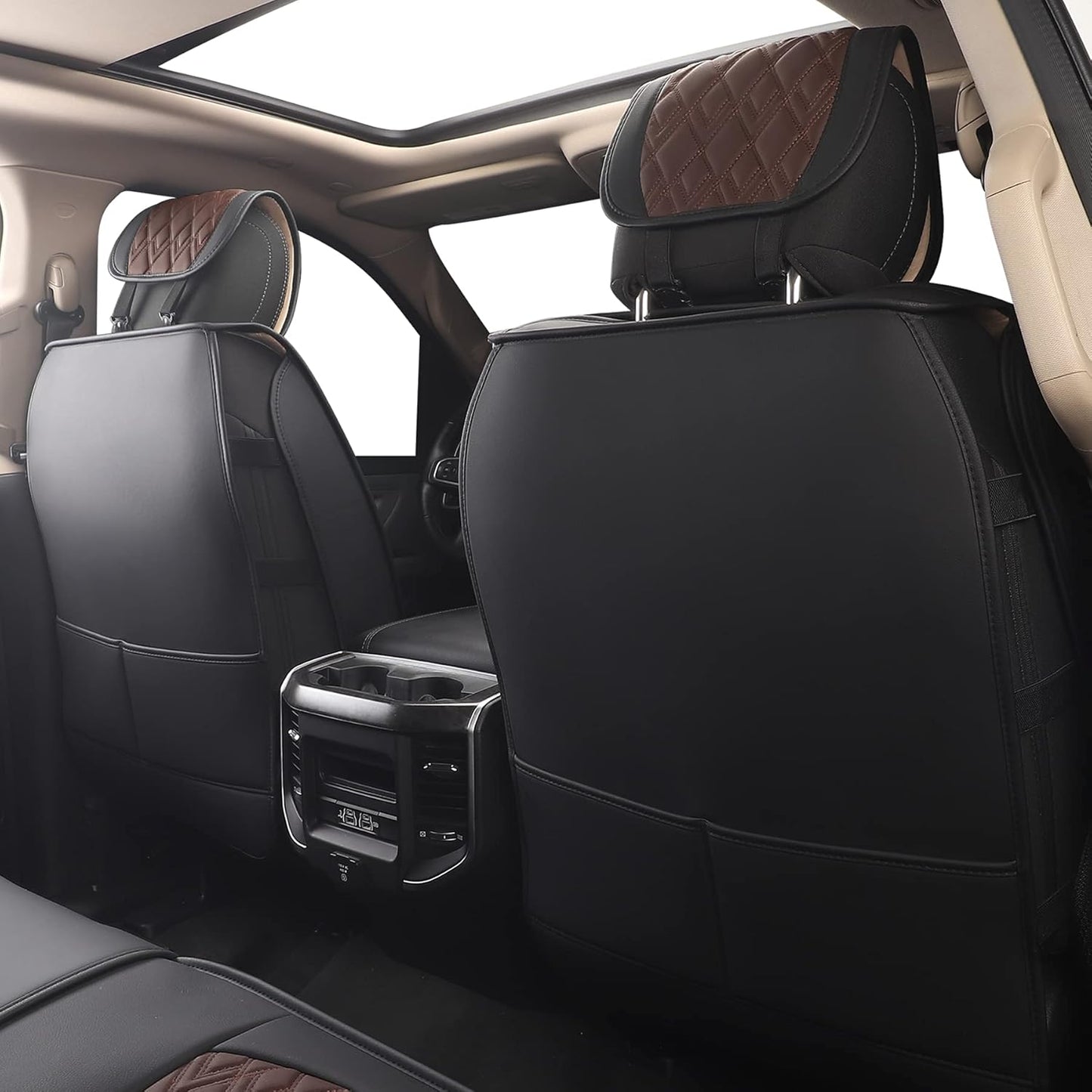 JOJOBAY Car Seat Covers for Dodge Ram 2 Pcs Front,Fit Ram 2009-2025 1500/2500/3500 Pick-up Truck,Crew,Regular,Quad,Mega Cab,Waterproof Leather Seat Covers Protectors（2PCS Front,Black-Brown）