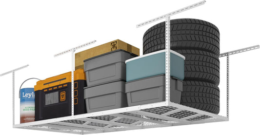 FLEXIMOUNTS Pro 4x8 Overhead Garage Storage Rack,Adjustable Storage Organization System,Heavy Duty Metal Ceiling Storage Racks,800lbs Weight Capacity,White