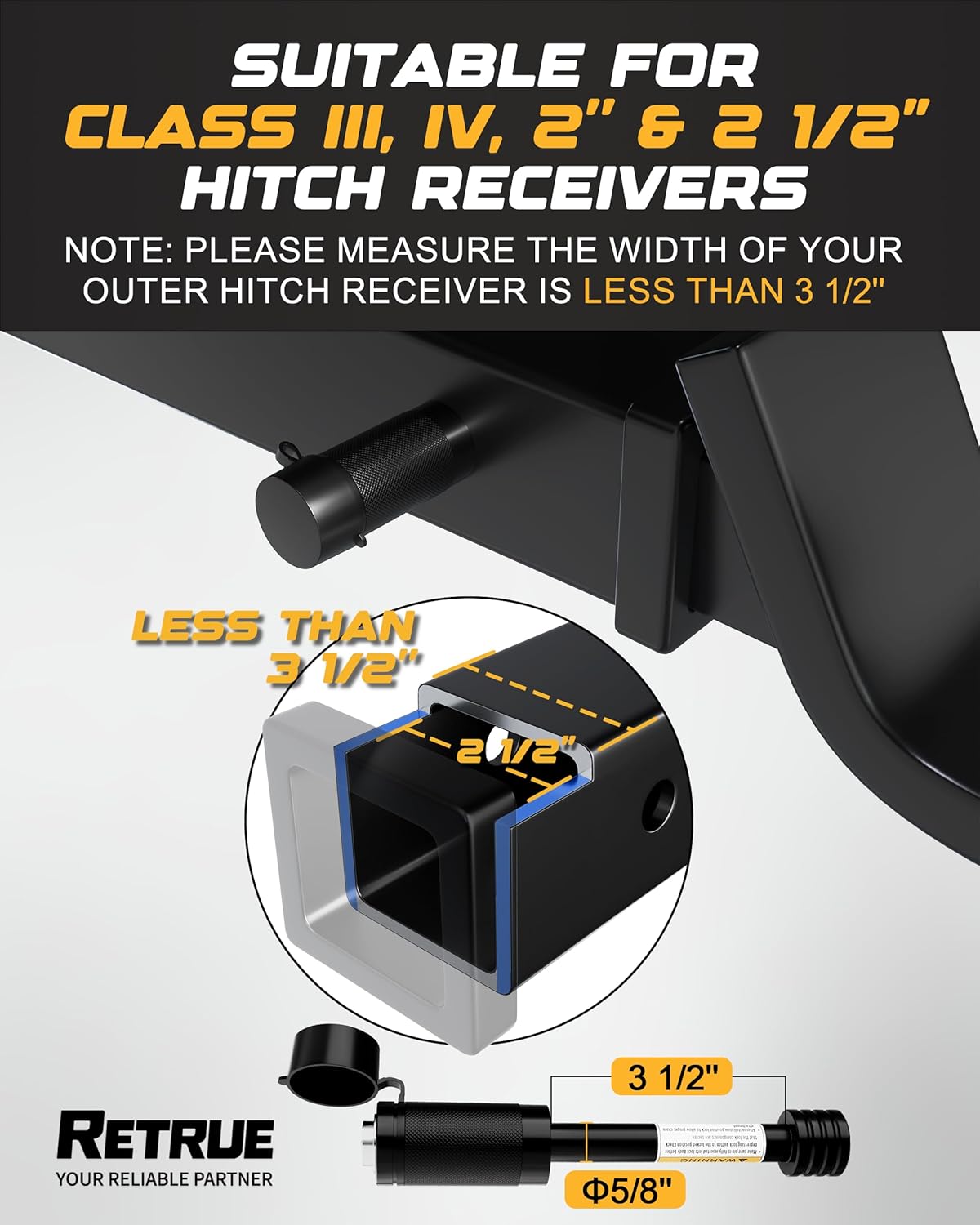 RETRUE Trailer Hitch Locks, 5/8" Locking Hitch Pin for 2" and 2 1/2" Receiver Class III IV Hitch, Tow Hitch Pin Lock Dia 3-1/2” Long Pin with O-Rings Weatherproof Caps for Trailer Truck Car Boat