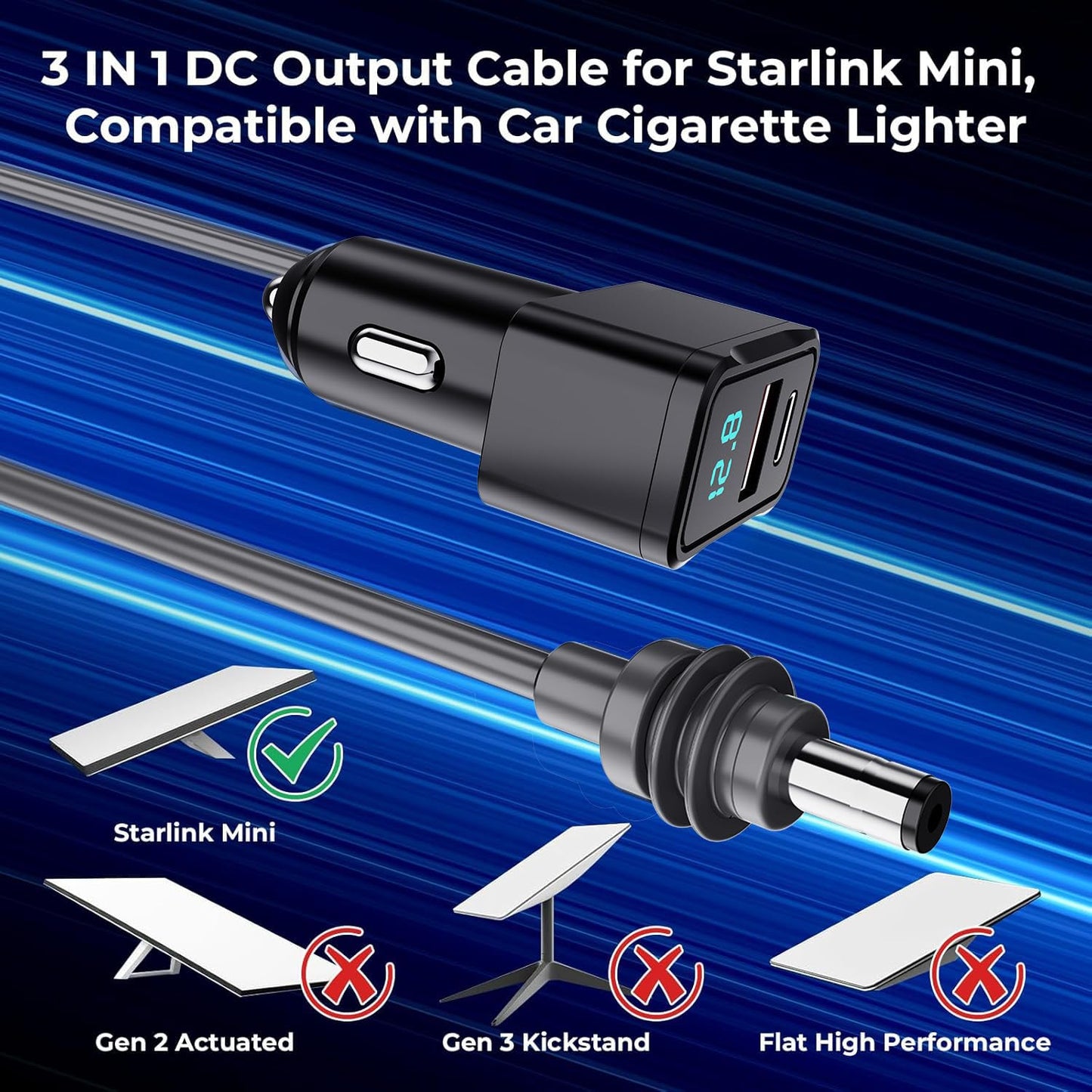 3 in 1 Starlink Mini Cable 10FT, Nolansend Starlink Mini Car Charger DC Power Cable+Cigarette Lighter Adapter 12V-48V with Digital Display, Durable USB C PD 36W/USB A 18W Ports for Trucks and Cars