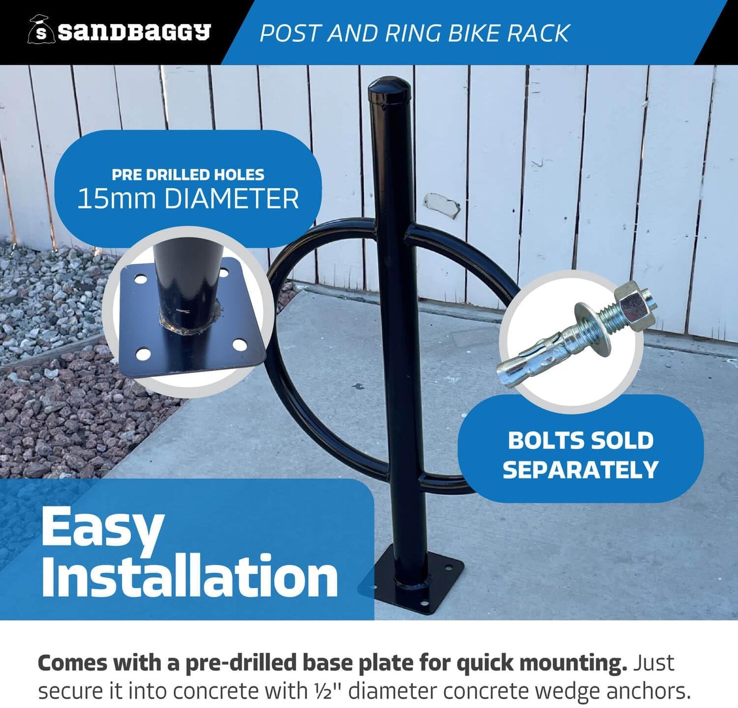 Sandbaggy Post and Ring Bike Rack - Commercial Bike Racks - Galvanized Steel - Anti-Theft Design - In Ground, Apartments, Sidewalks, Industrial (Blue, 10)