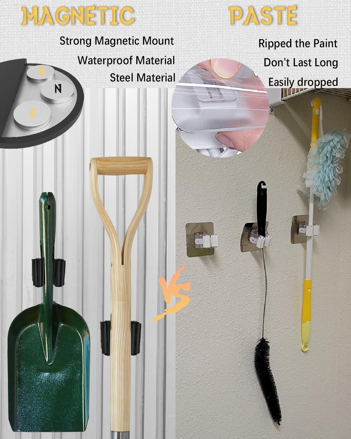 Magnetic Broom Holder, Steel Mop Mount No Drilling Magnetic Holder for Garage Tools, Anti-Slip Utility Mount for Garage, Kitchen, Laundry Tools Organizer and Management - 5 Pack/Black