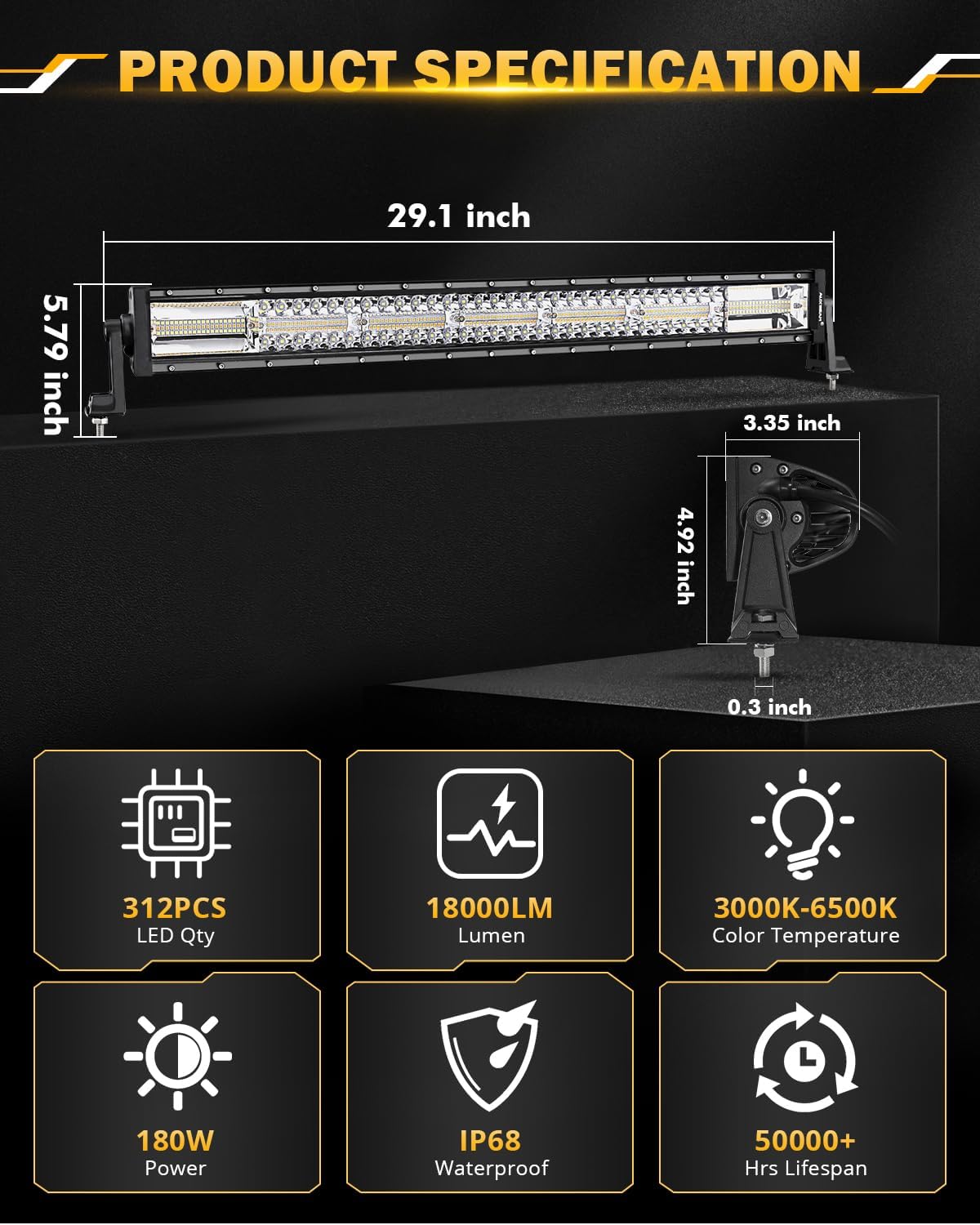 Auxbeam 30 Inch 180W LED Light Bar, 6 Modes Spot Flood Combo Offroad Lighting Amber White Strobe Fog Light, Memory Reset Function Waterproof Driving Work Light with 10FT Wiring Harness Kit