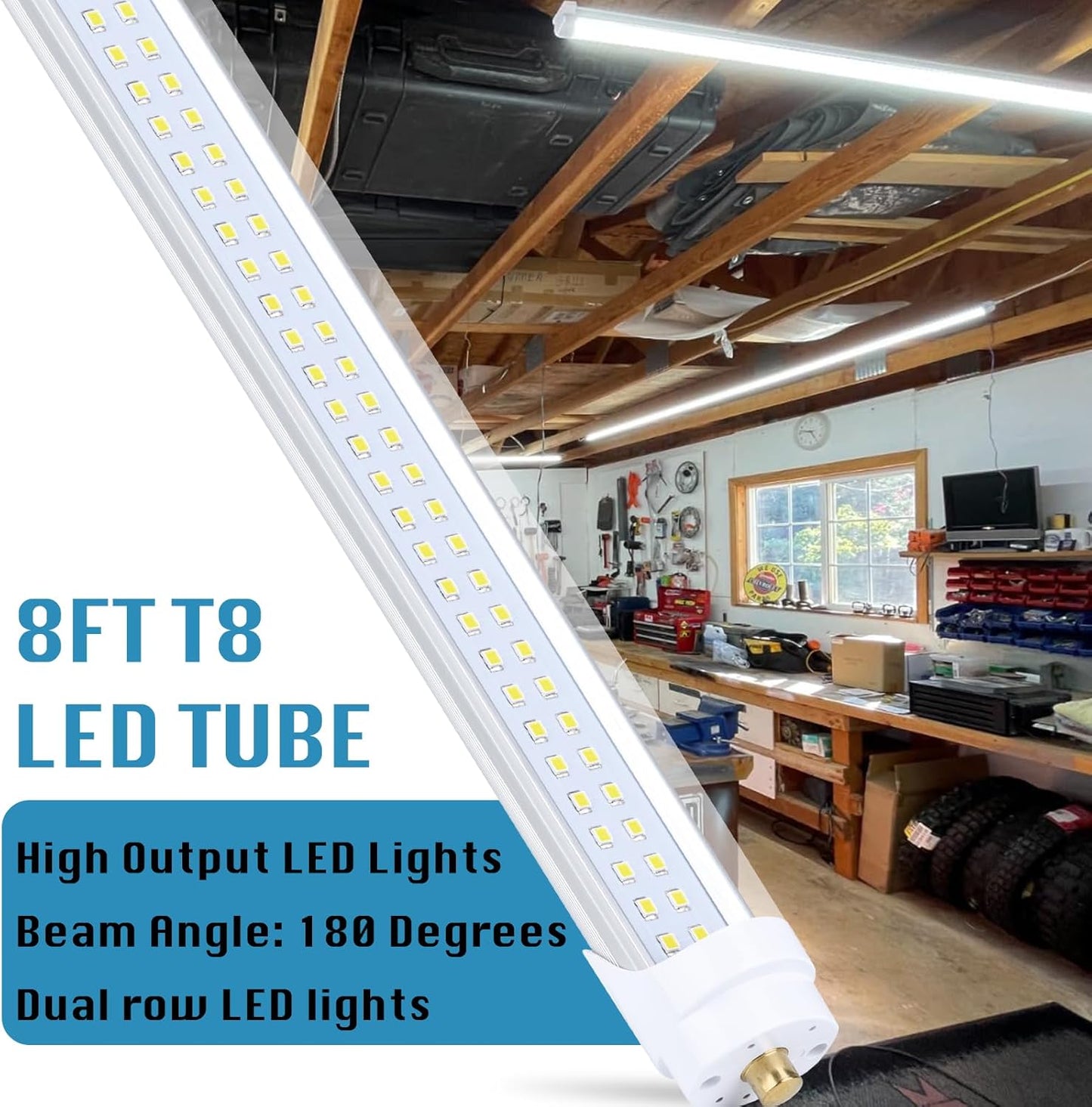 12-Pack, 8 Foot LED Bulbs, 100W 15000lm 6000K Cold White, Super Bright, T8 T10 T12 LED Tube Lights, FA8 Single Pin LED Lights, Clear Cover, 8 Foot LED Bulbs to Replace Fluorescent Light Bulbs