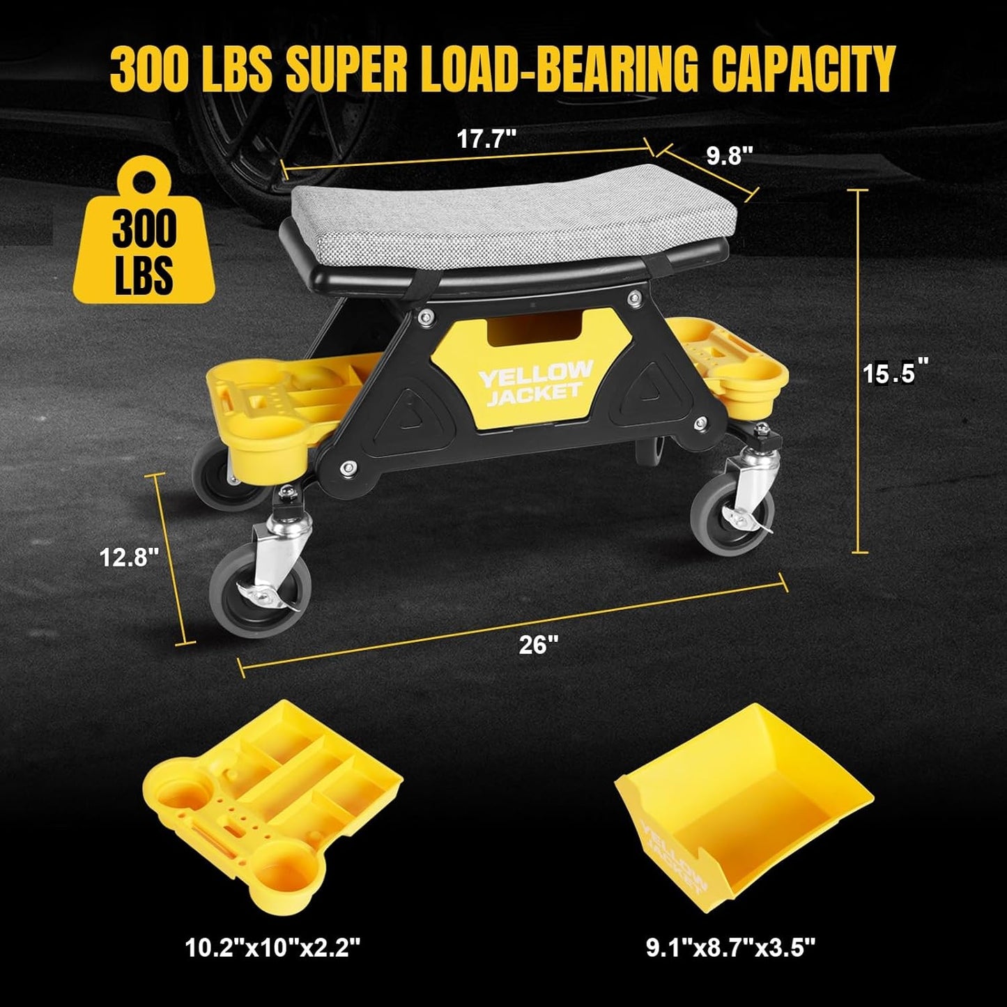YELLOW JACKET Mechanic Stool with Wheels Rolling Stool Chair 300 lbs Capacity,Garage Mechanics Seat with Two Tool Tray and A Drawer Workshop Creeper Seat for Auto Repair Work