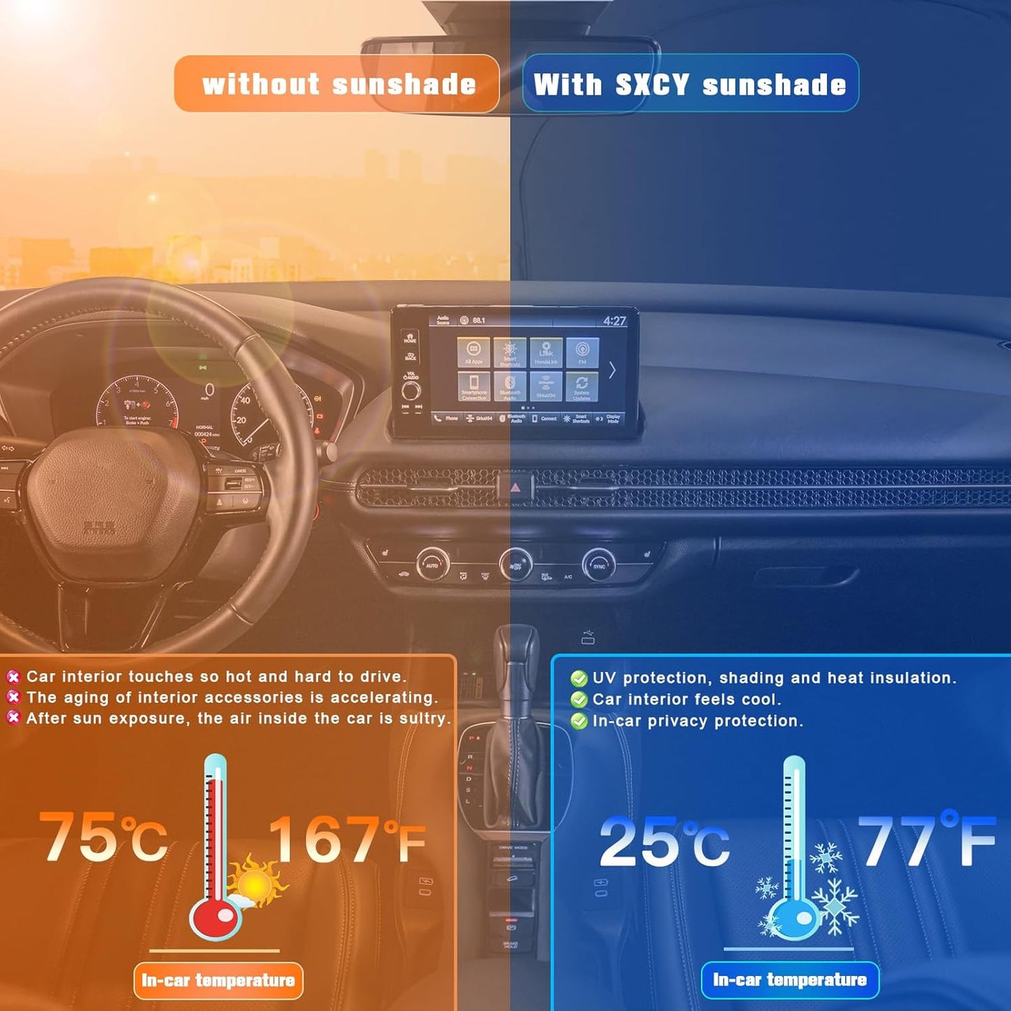 SXCY for 2023-2025 Honda HRV Windshield Sunshade 2023 2024 Honda HRV LX Sport EX-L Accessories 2024 2025 HRV Sunshade Foldable Sun Shield 2023-2025 HR-V HRV Sunshade Block UV Rays for Car Front Window