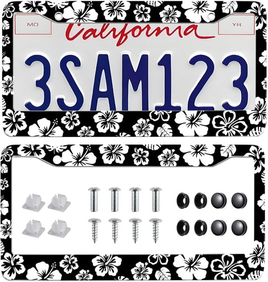 2 Pack Hibiscus License Plate Frame-Rustproof Aluminum White Hibiscus Floral Car Tag Holder Bracket for Women Men, Hibiscus Car Accessories with Screws Included