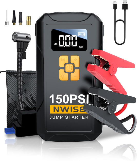 Portable Car Jump Starter with Air Compressor, 150PSI Jump Box Battery Pack with Digital Tire Inflator,12V Booster Pack with Large LCD Display, Emergency Light