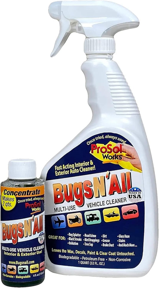Bugs N’ All Multipurpose Car Cleaner & Degreaser - Bug & Tar Remover Concentrate 4 oz - Exterior Cleaner Safe for Car Paint, Metal, Chrome, Aluminum, Windows & Mirrors - w/Free 32 oz Spray Bottle