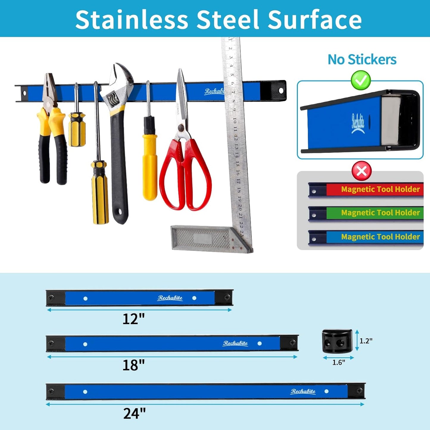 6 Pieces 24" Magnetic Tool Holder Strip, Blue Magnet Bar, Metal Tool Organizer Rack for Garage Organization, Easy To Install in Workshop, Mounting Screws Included