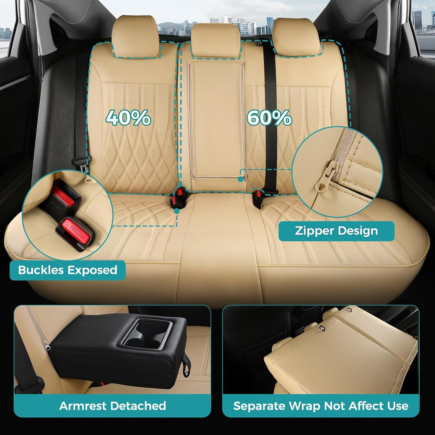 Seat Covers for Honda Civic Sedan EX-L, EX-T, EX, Touring, LX-P, Sport 2016 2017 2018 2019 2020 2021, Faux Leather Car Seats Cover Full Set(Rear Row 40/60 Split & Folding Backrest)-Beige