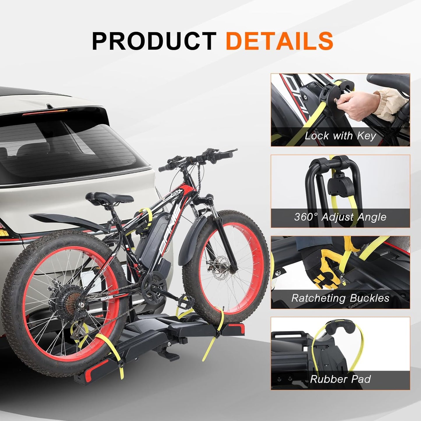 2 E-Bike Foldable Hitch Mount Bike Rack for 2" Receiver SUV & Trucks, Up to 4'' Fat Tire, Lockable Hitch Racks for E-Bike with Ramp and Wheels, 180 LBS Capacity