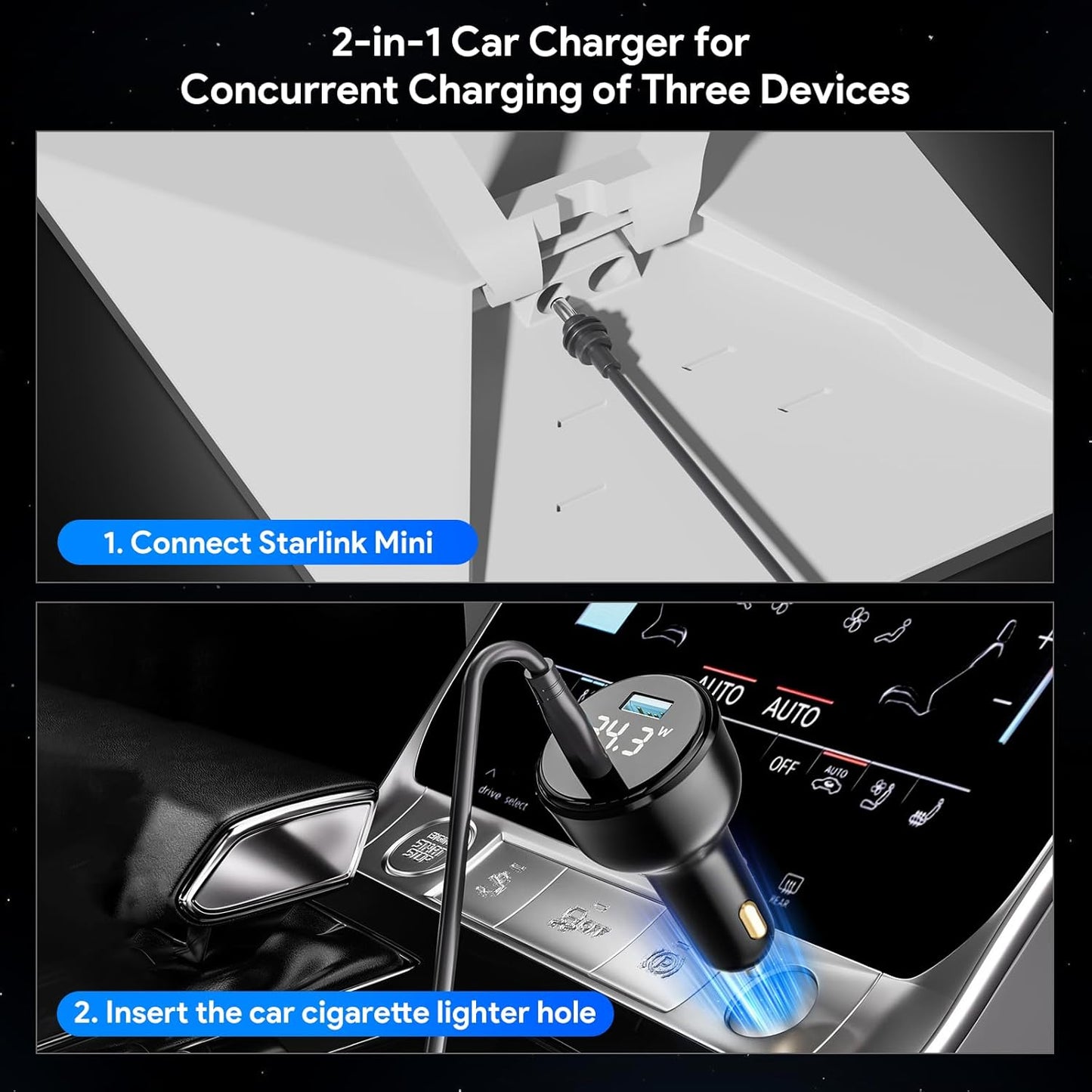 QUIDDITY Starlink Mini Car Adapter DC Power Cable + Cigarette Lighter Adapter 12V-24V with Digital Display, Water-Resistent Car Charging Cord with USB Type-C Port Starlink Mini Accessories(3M/10FT)