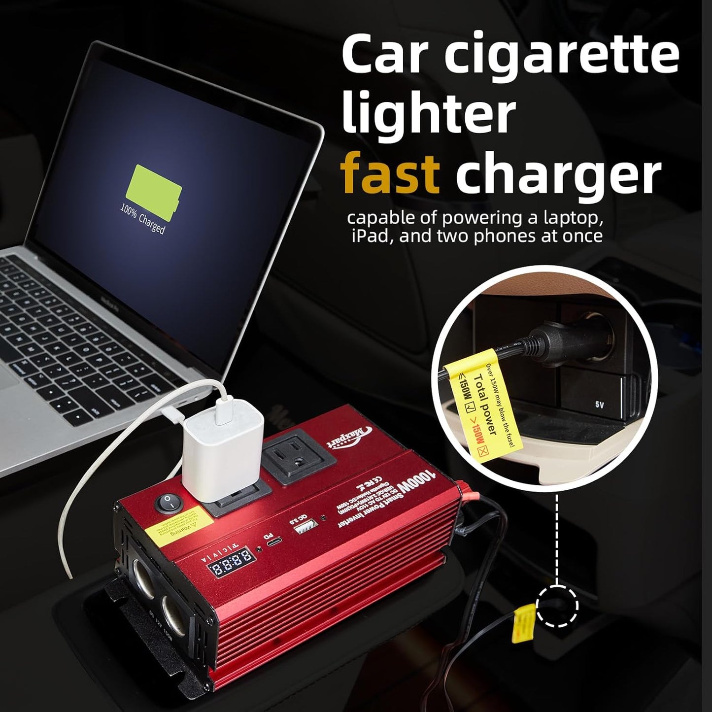 TWING Car 1000w Inverter,12v DC to 110v Power Inverters for Vehicles 1000 watt with Dual AC Outlets 3.0A USB and Type-C,12 Volt Inverter Car Cigarette Lighter Battery