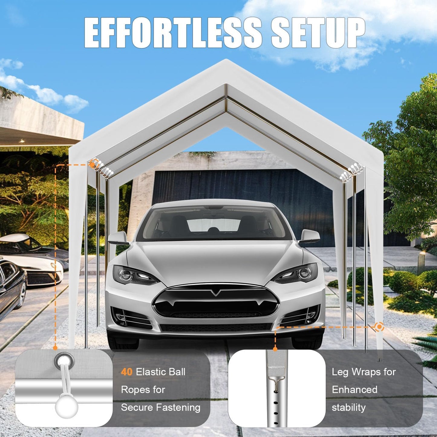 10'x20' Canopy Replacement Cover, Beefull Carport Replacement Canopy for Car Garage, Waterproof & UV Protected Tarp with Ball Bungees, White (Frame is not Included)
