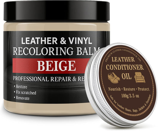 Leather Color Restorer, Leather Recoloring Balm, Scratch Remover, Leather Dye, Leather Paint with Leather Conditioner, Leather Repair Kit for Furniture Couches Car Seats Shoes, Beige