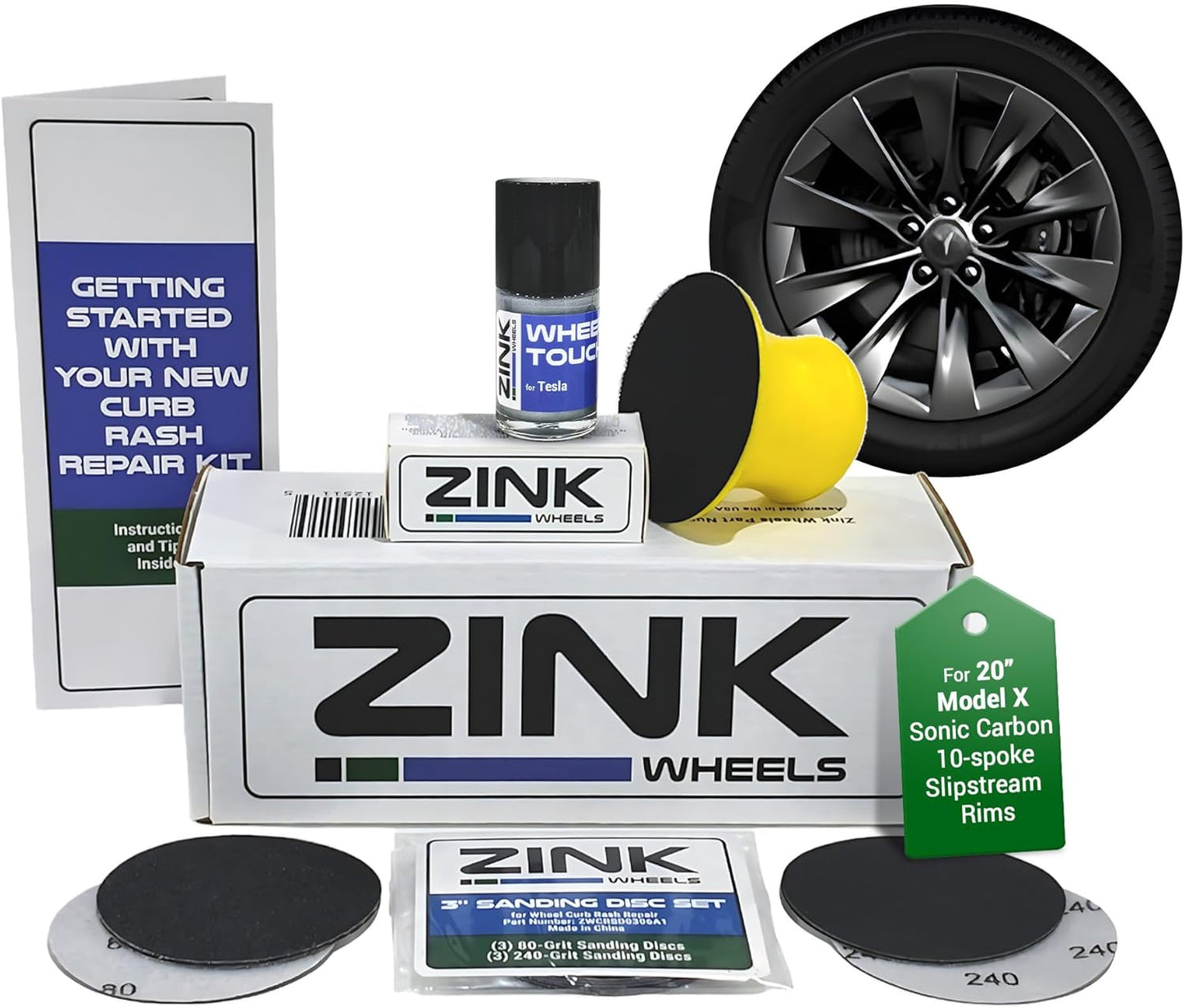 Premium Tesla Wheel Curb Rash Repair Kit for Model X 20-inch Sonic Carbon Slipstream Rims - DIY Kit with Color-matched Touch Up Paint - Made in USA