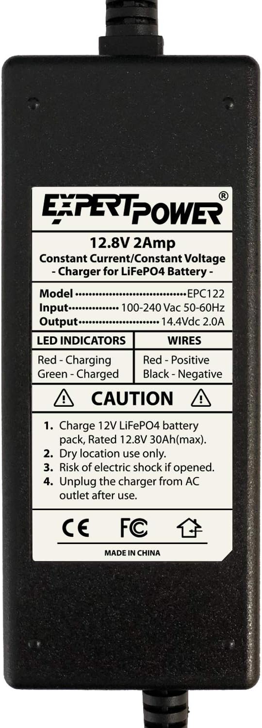 ExpertPower 12V 2A Smart Charger for Lithium LiFePO4 Deep Cycle Rechargeable Batteries [UL Listed]