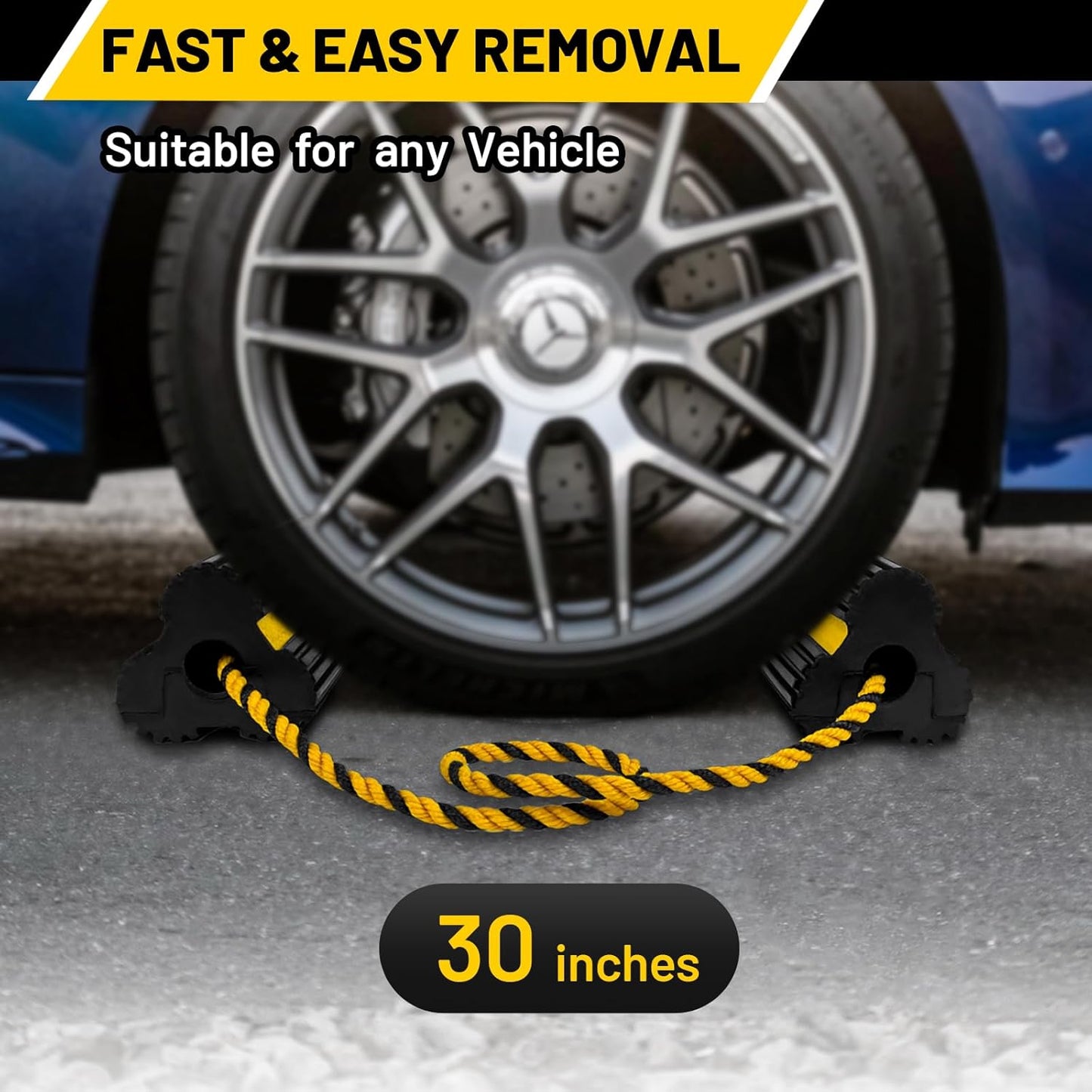 ROBLOCK Heavy Duty Wheel Chocks, Rubber Wheel Block Non-Slip Base with Nylon Rope Yellow Reflective Tape - 1 Pair Black, Wheel Stoppers for Travel Trailers, RV, Aircraft, Car, Camper, Truck