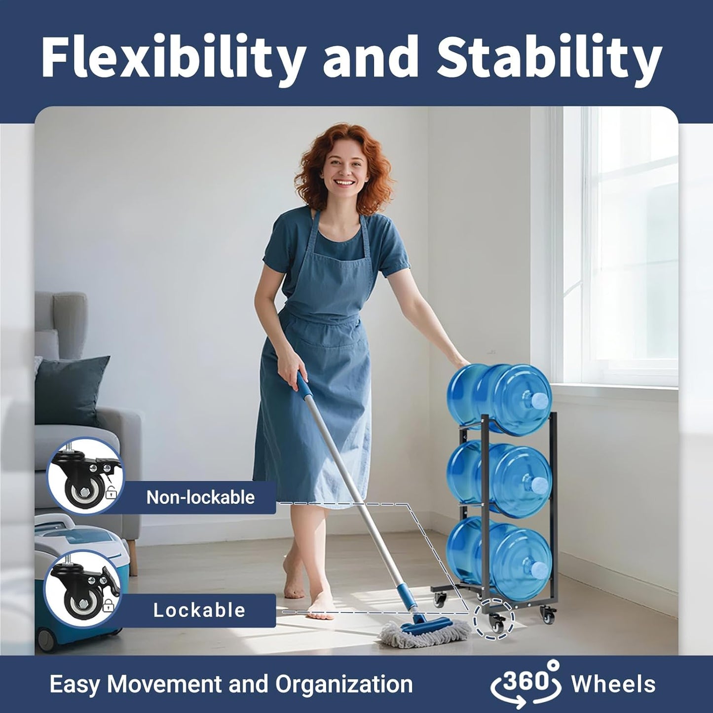 Water Jug Holder with 4 Wheels: 3 Tier Movable Gallon Bottle Storage Rack for Office Gym Garage - Black