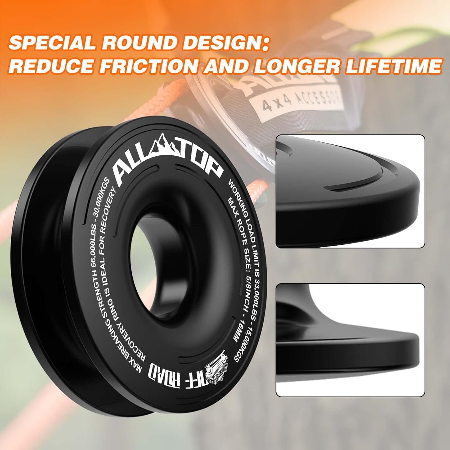 ALL-TOP Recovery Ring 66000 LBS Winch Snatch Towing Ring, Tackle Pulley System, Rope Retention Safety Strap Included, Black