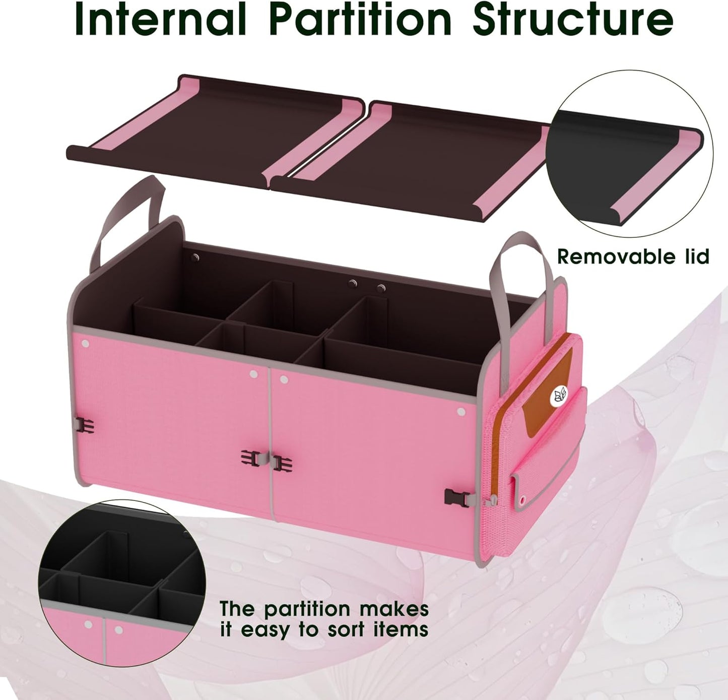 Foldable Waterproof Car Organizer with Non-Slip Traction Rope, 23.2”x13.8”x11.8” Heavy-Duty Trunk Organizer for SUV, Car Essentials List, Portable Vehicle Organizer,PINK-M003