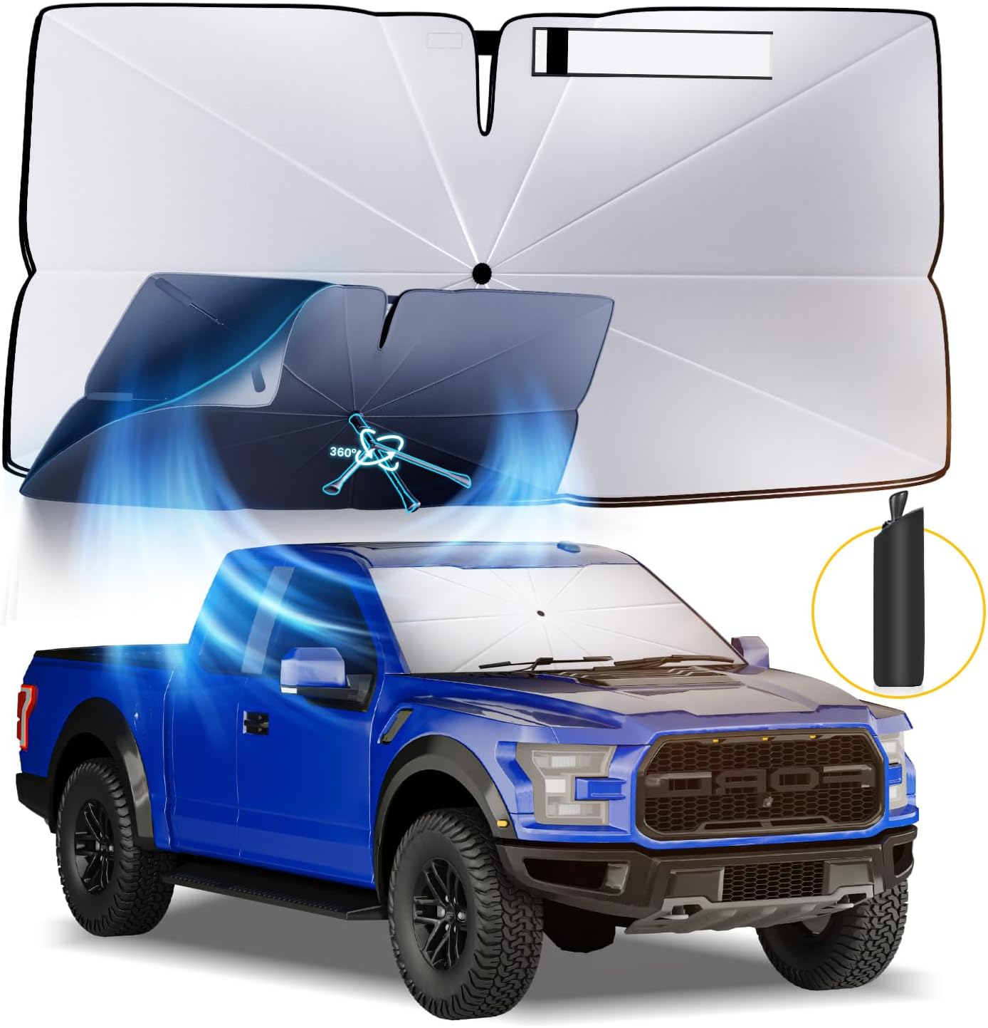 Windshield Sun Shade Umbrella: for Ford-F150 2015-2025 2023 2024 - Front Car Window Shades - Double Thickened Foldable Automotive Sunshades Block UV Keep Cool