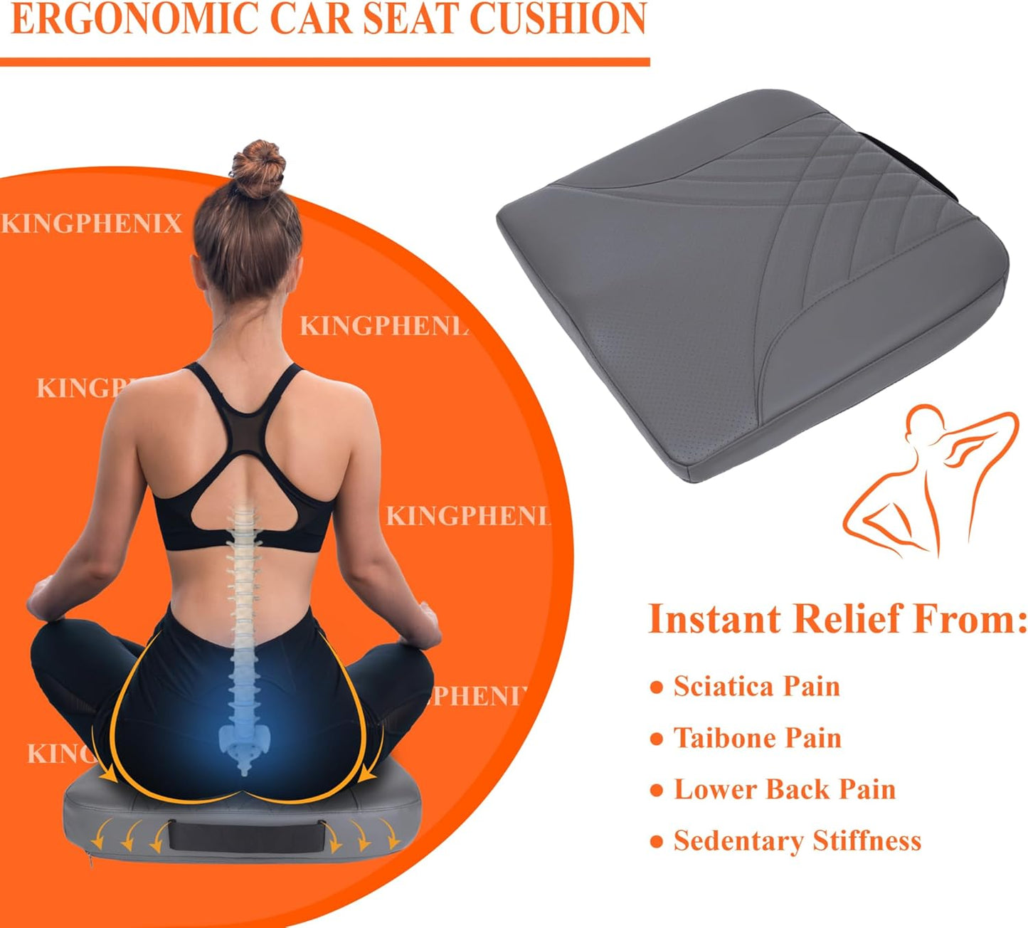 kingphenix Premium Car Seat Cushion, Memory Foam Driver Seat Cushion to Improve Driving View- Coccyx & Lower Back Pain Relief- Seat Cushion for Car, Truck, Office Chair (Dark Grey)