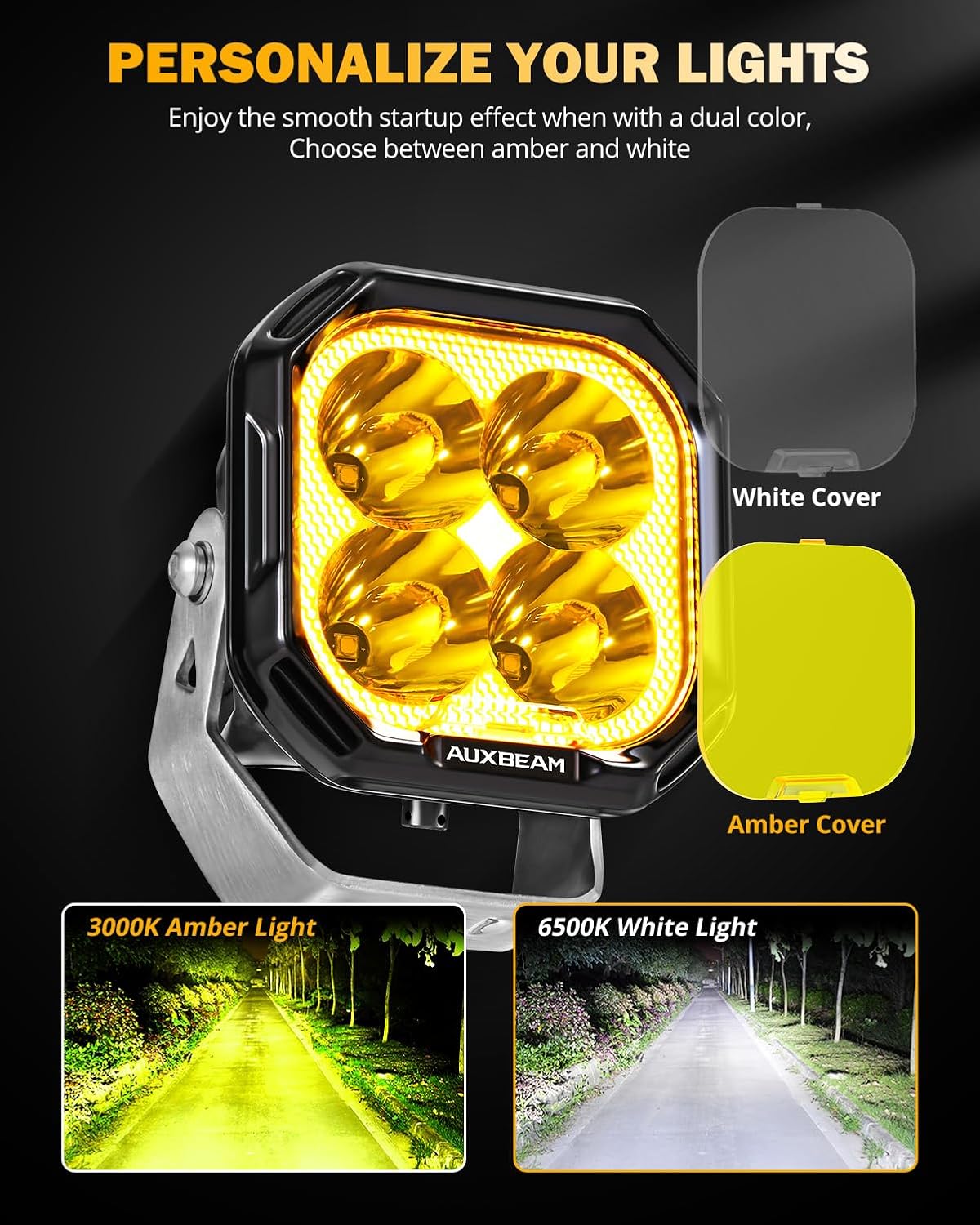 Auxbeam Color Play Series 3" LED Pod Lights, Offroad Spotlights with Amber White DRL & Turn Signal 11600LM Super Bright Square 100W Spot Beam Fog Cube Ditch Lights for Jeep ATV UTV, 2 Years Warranty