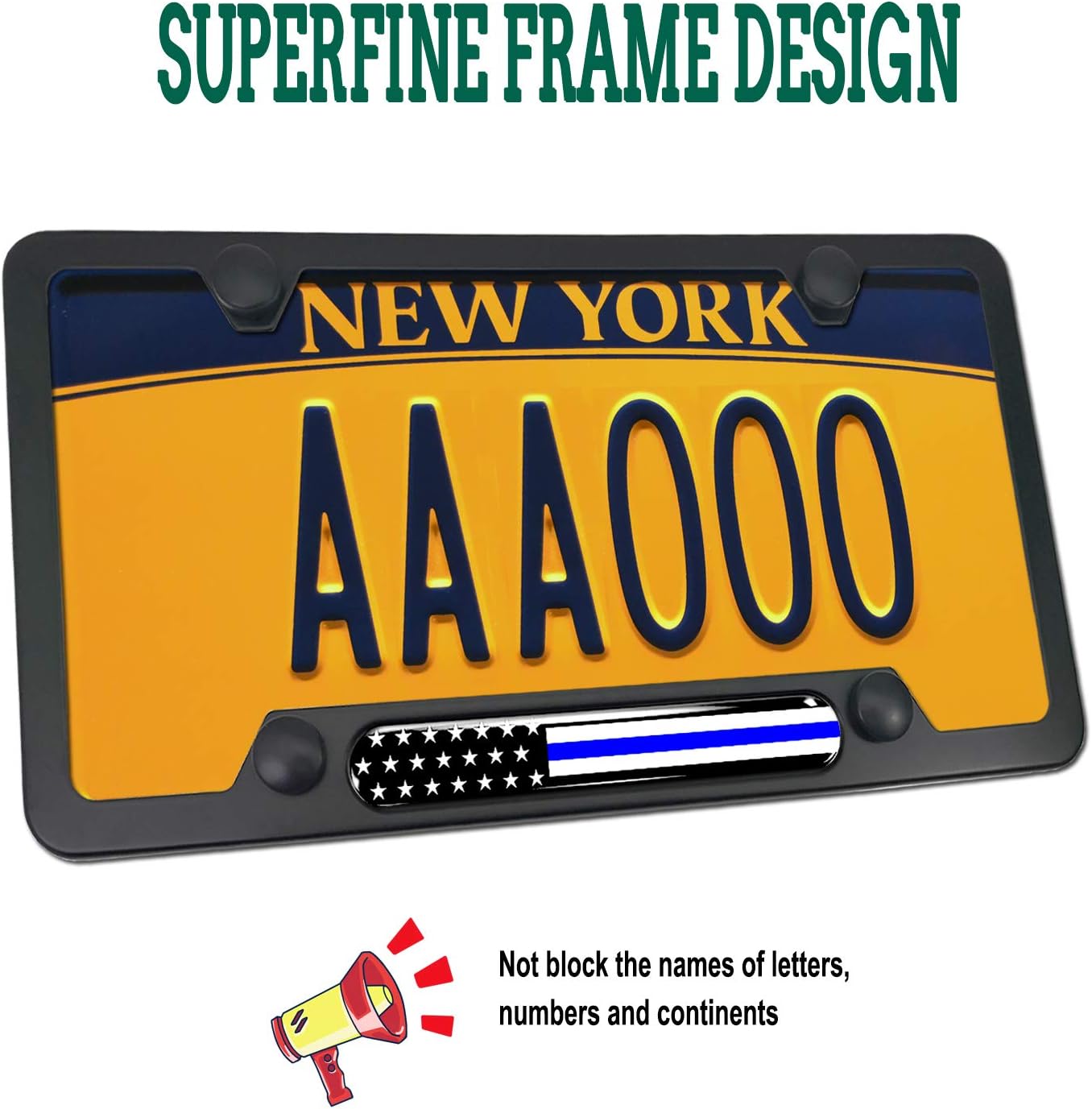 Police Thin Blue Line License Plate Frame-American Flag Patriotic Car Tag Holder, USA Black Aluminum Bracket with Screw, Cap Covers, Decal, Novelty Present for Law Enforcement, 1 Pack