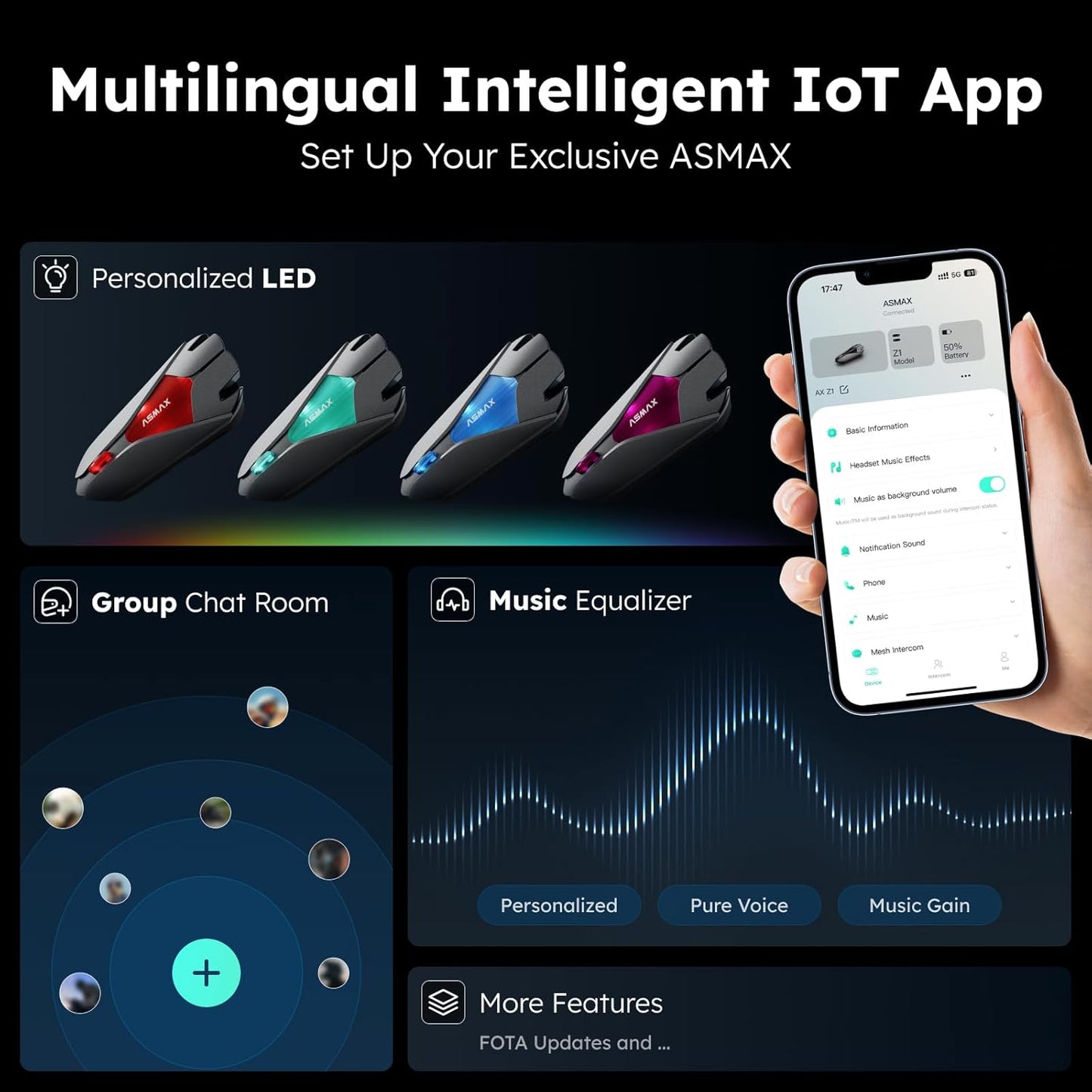 Z1 Motorcycle Intercom - 3-Mode Communication for 10 Riders, Dual-Chip Audio Multitasking, Offline Voice & App Control, Bluetooth Helmet Headset with HiFi Speakers, 2 Packs