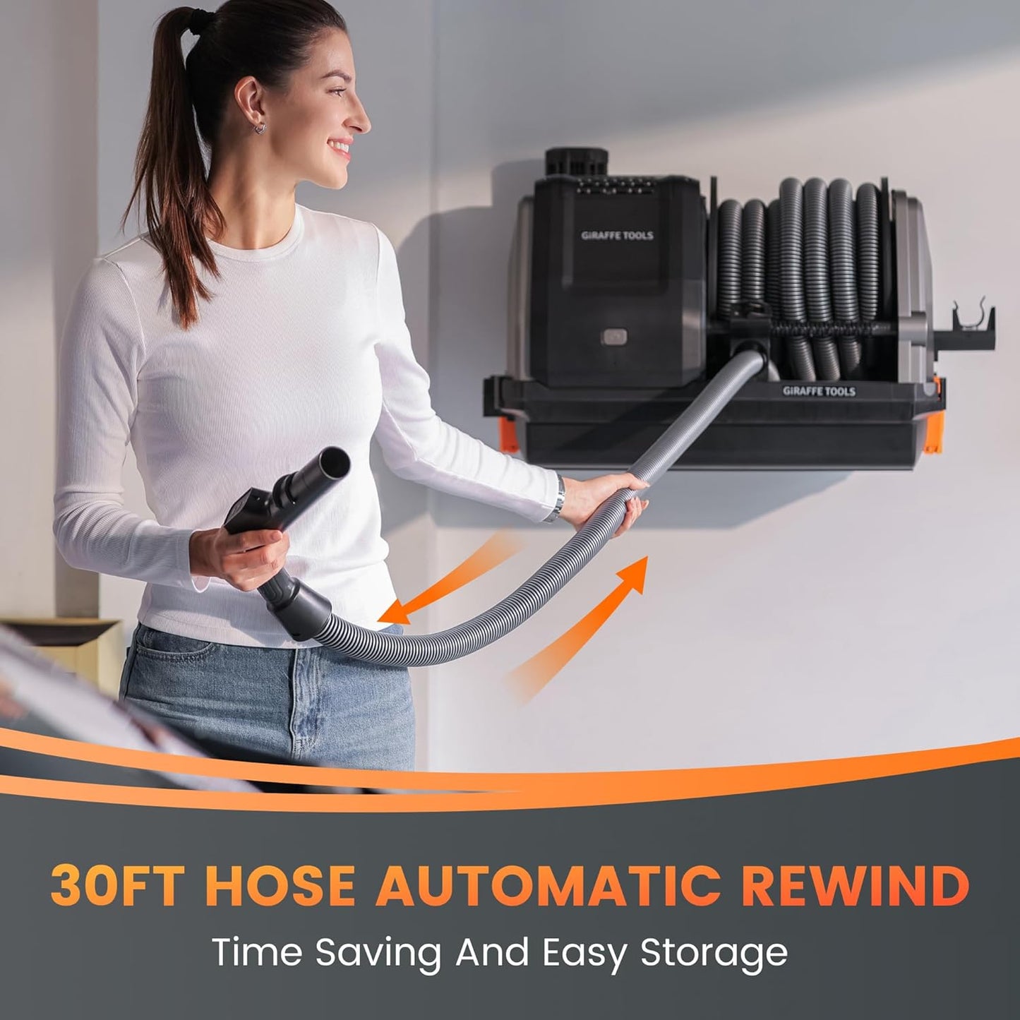 Giraffe Tools Grandstorm Retractable Vacuum Cleaner with 30 FT+ 1 FT Hose Wall Mounted, Wet Dry Vacuum Cleaner with 6 Nozzles for Car Detailing Normal Version, Grey （No Remote Control Funtion）