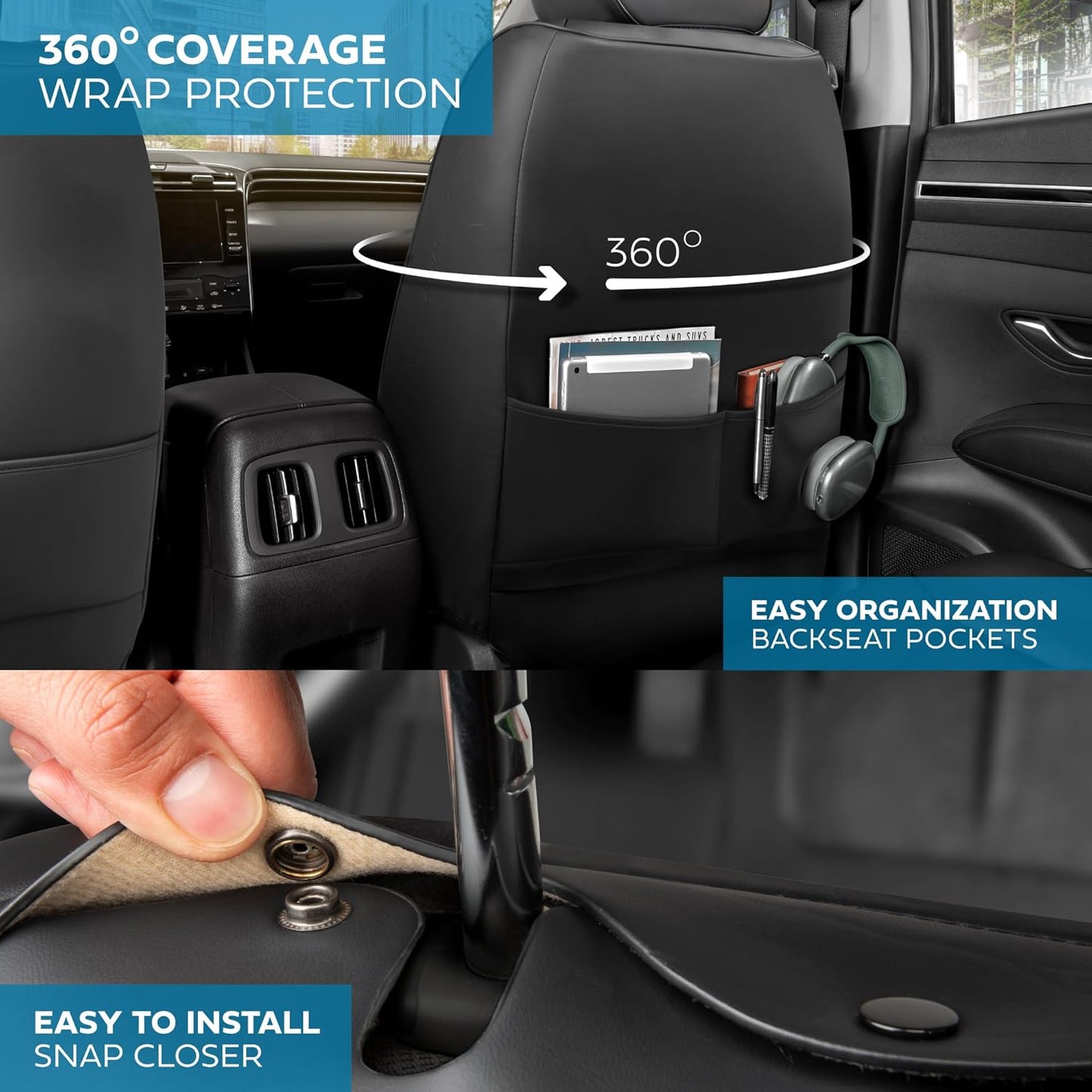 Elite Edition Faux Leather & All Weather Wicker Seat Covers for Cars, Trucks, & SUV - 2 Black Car Seat Covers for Front Seats - Universal Fit Car Accessories Automotive Interior Protector