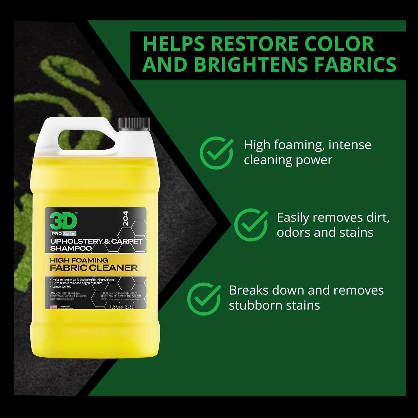 3D Upholstery & Carpet Shampoo - High Foam Stain Remover & Odor Eliminator Shampoo 1 Gallon