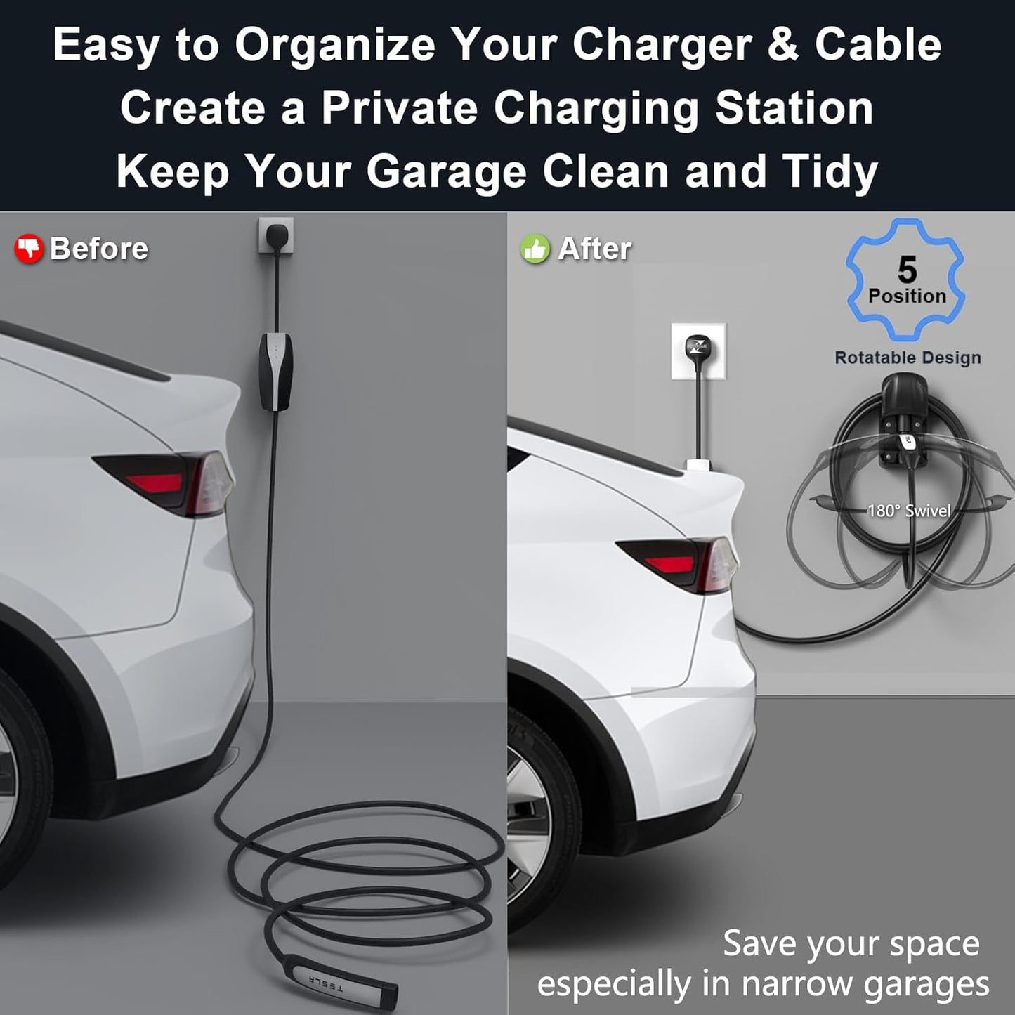 Tesla Charger Holder Wall Mount Tesla Charging Cable Organizer for Tesla Mobile Connector, Swivel NACS Holster