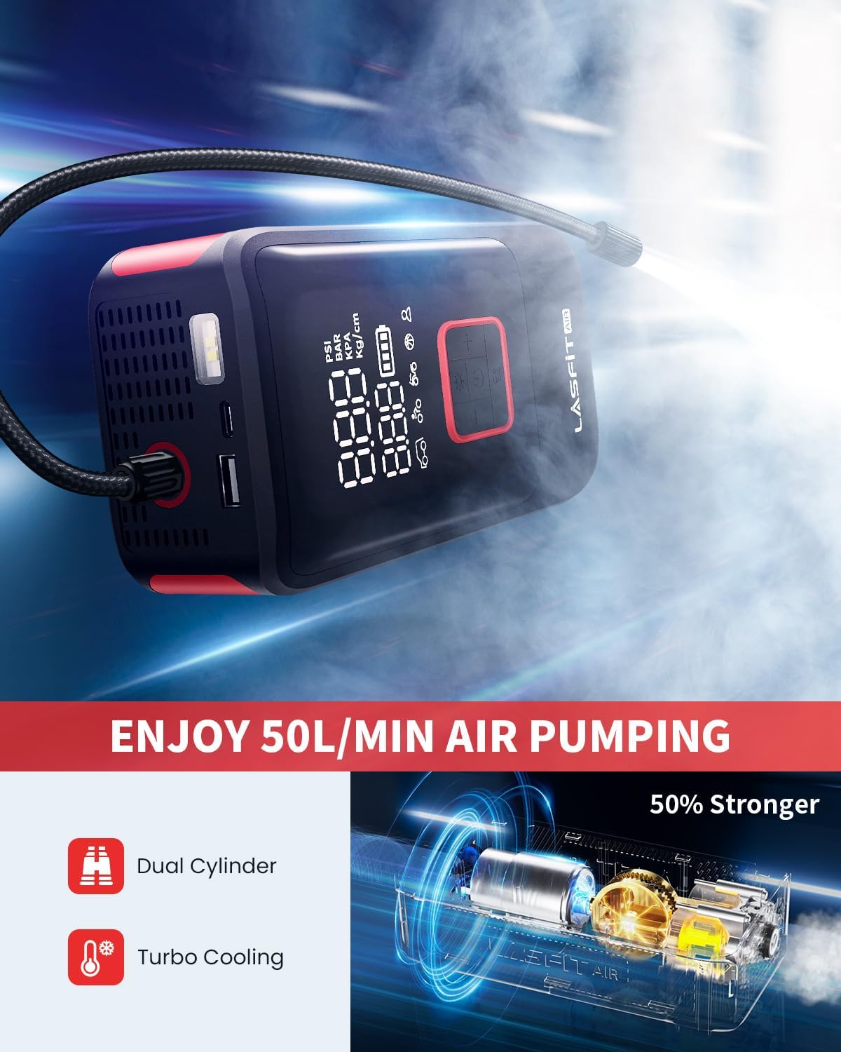 LASFIT TK1 Tire Inflator Portable Air Compressor [Fit Pickup Truck & Large SUVs] 150PSI Tire Inflator 12000mAH Battery Operated Air Pump for Car Tires with Digital Pressure Gauge, Smart Auto Stop