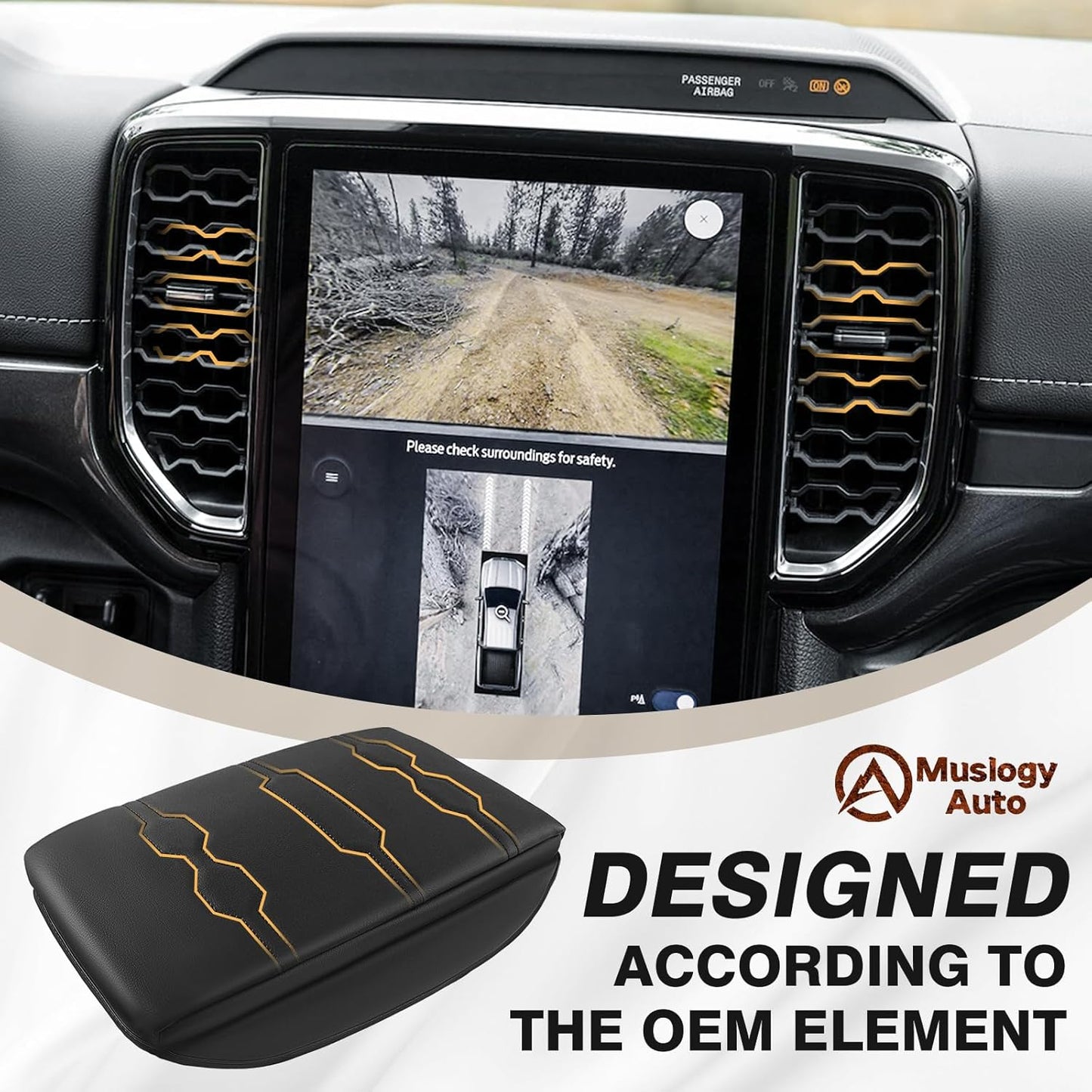 Muslogy Center Console Armrest Cover Compatible with Ford Ranger 2024 2025 Accessories Comfort Armrest Pad Cushion Box Lid Cover Vegan Leather Protector 1-Inch Extra Thick(Black/Black Stitching)