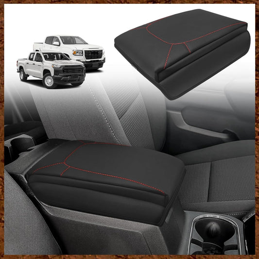 Muslogy Center Console Armrest Cover Compatible with Chevrolet Colorado/GMC Canyon 2023-2025 Accessories Arm Rest Cushion Anti-Scratch Middle Console Lid Protector 1-Inch Extra Thick(Red Stitching)