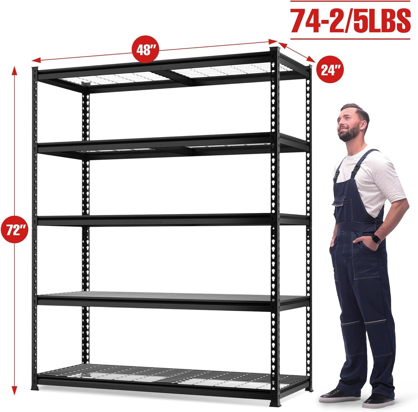 WORKPRO 5-Tier Metal Shelving Unit, 48”W x 24”D x 72”H, Heavy Duty Adjustable Storage Rack, 4000 lbs Load Capacity (Total), for Garage, Basement, Warehouse, Workshop