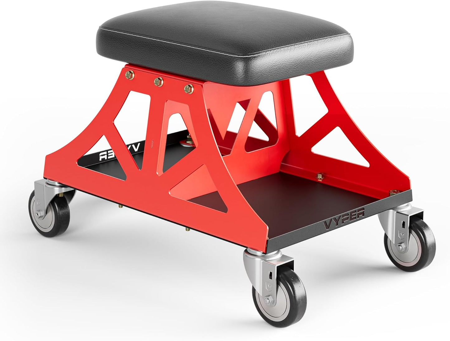 Vyper Low Pro Garage Stool with Removable Seat for Mechanics, Automotive, DIY - 400 lb Capacity Rolling Shop Chair (Black Seat, Red Frame)