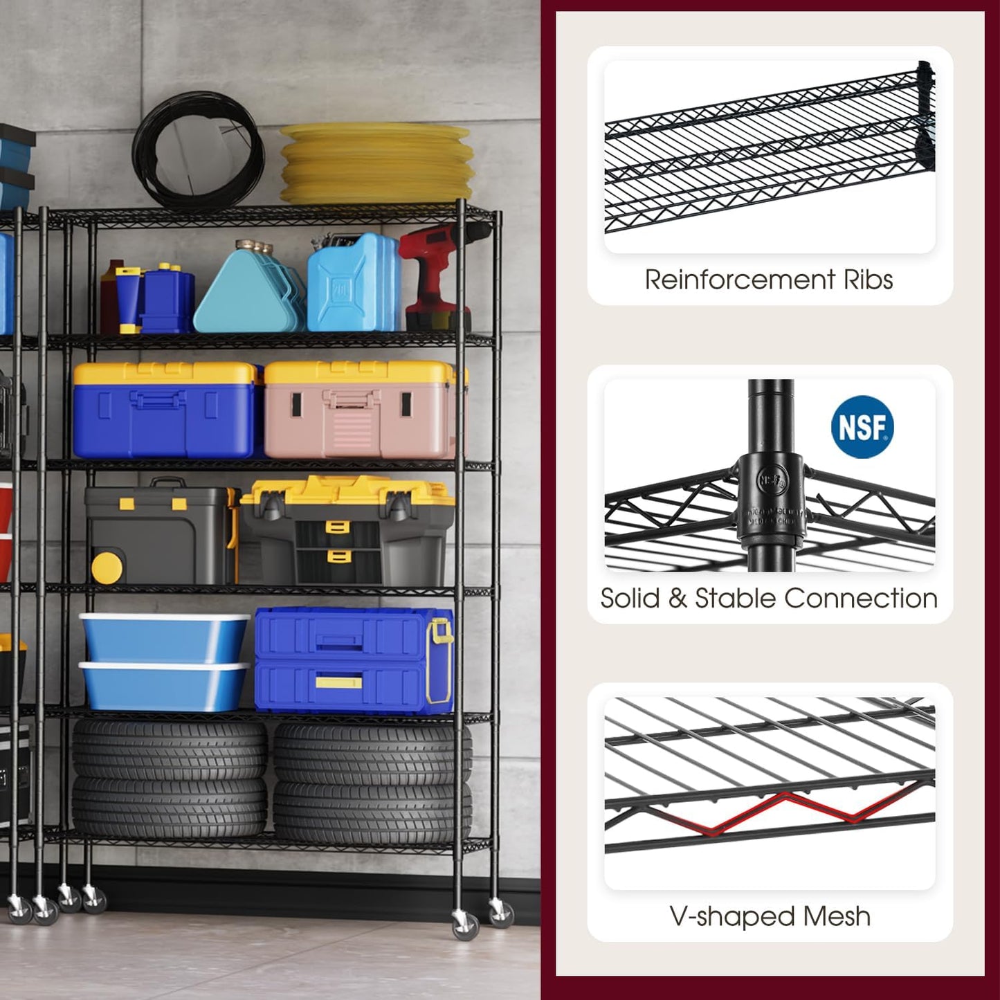 BestOffice 18x48x77 Storage Shelves Commercial Heavy Duty Metal Shelves Garage Organizer Wire Rack Shelving Storage Unit Shelf Adjustable Utility 6000 LBS Capacity,Black