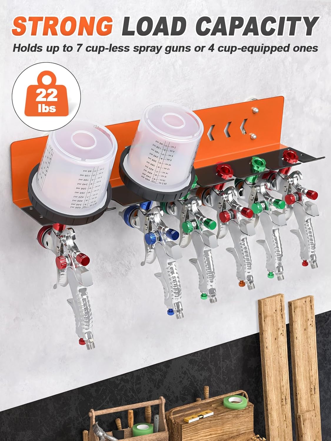 Paint Spray Gun Rack for Magnetic or Wall Mount, Holds 7 Gravity Feed Guns or 4 with Cups, Heavy-Duty Steel Paint Organizer with S-Hooks for Garage, Body Shop or Workshop, Orange
