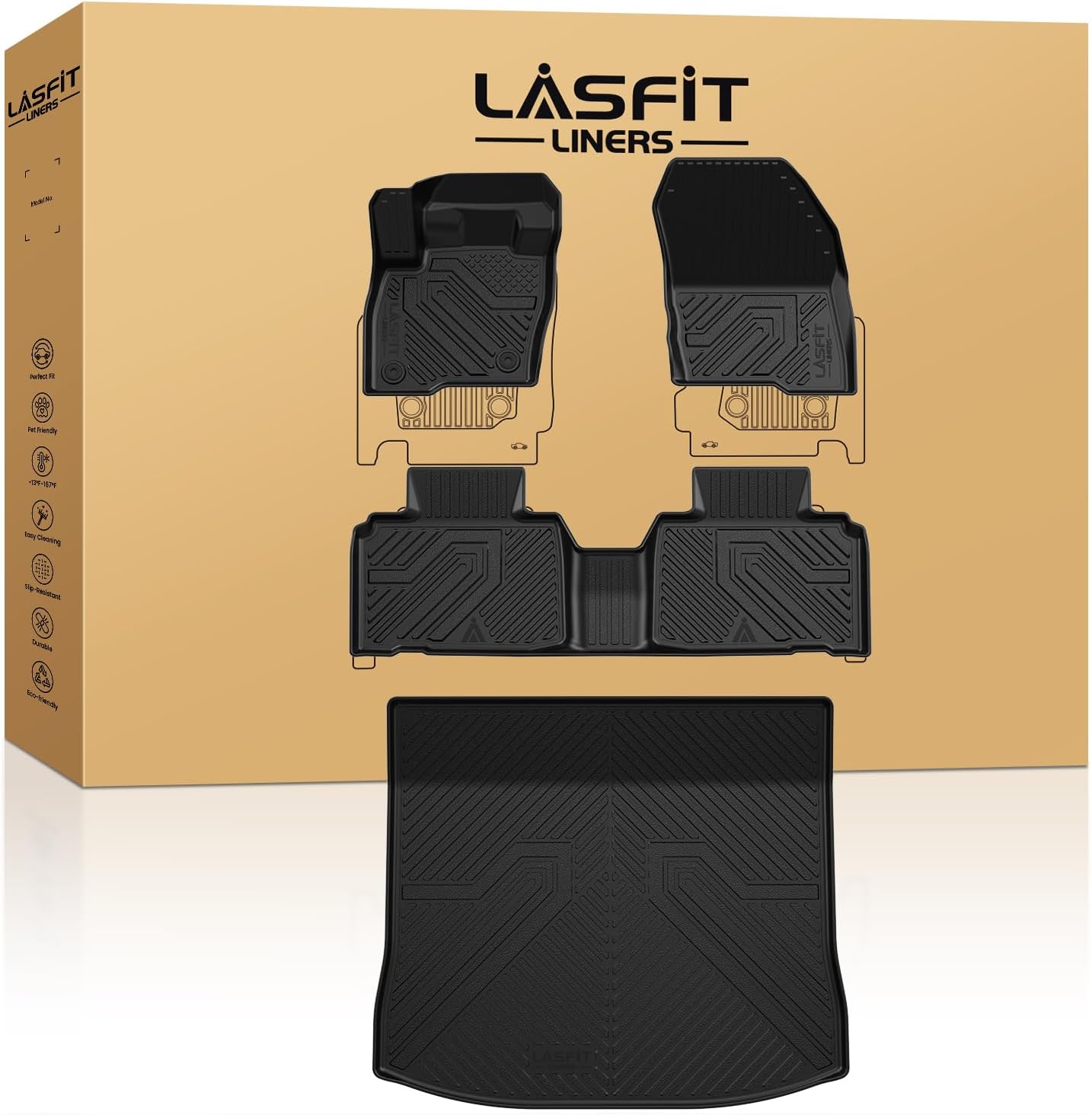 LASFIT Floor Mats and Cargo Liner for Ford Edge 2015-2024 All Weather Protector TPE Car Liners Custom Fit Vehicle Accessories, 1st & 2nd & Trunk Mat Combo Set, 4pcs Black