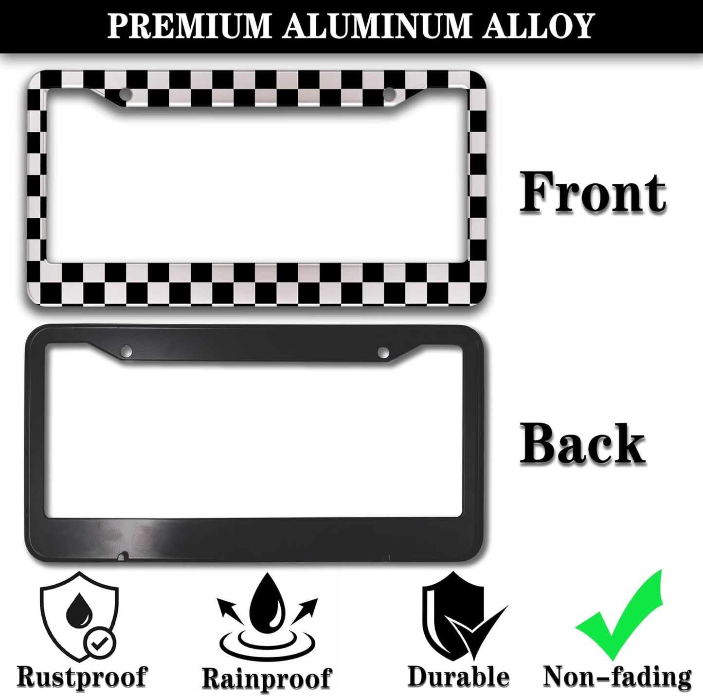 License Plate Frames Black and White License Plate Bracket Black and White Checkerboard Universal Aluminum Car Accessory 2 Pack with Screw Covers Set