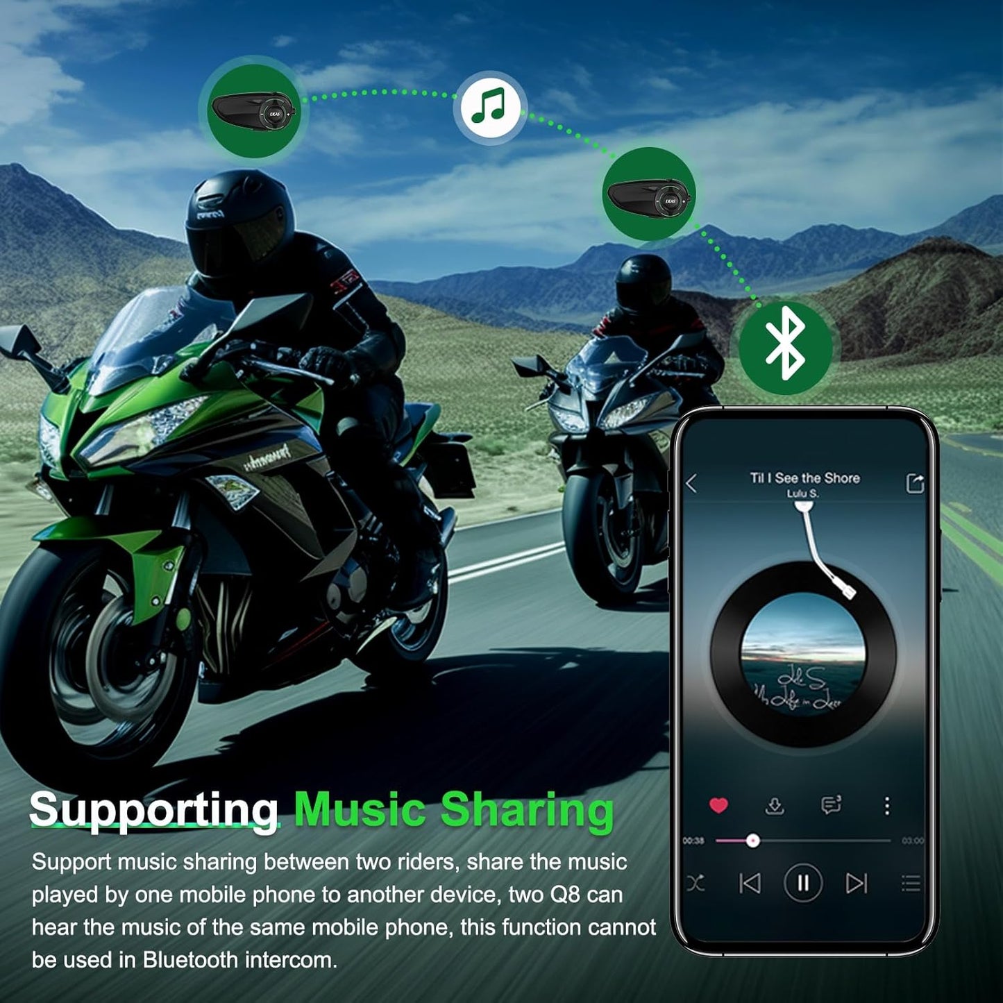 Q8 Motorcycle Helmet Bluetooth Intercom Headset, 230hours Standby, 6 Riders Mesh Communication Systems with Audio Multitasking, Music Sharing, Noise Cancellation, FM Radio, Loud Interphone -1 Pack
