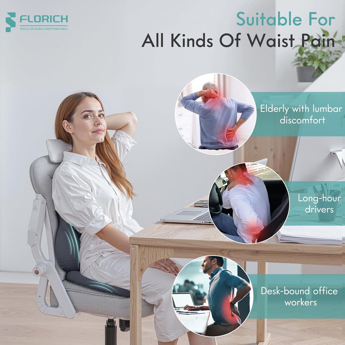 FLORICH Car Seat Cushion and Lumbar Support Pillow for Office Chair Car, Ergonomic Memory Foam, Relieves Back Sciatica Pain, Pressure-Relieving Back Support for Car, Office Chair & Wheelchair – Gray